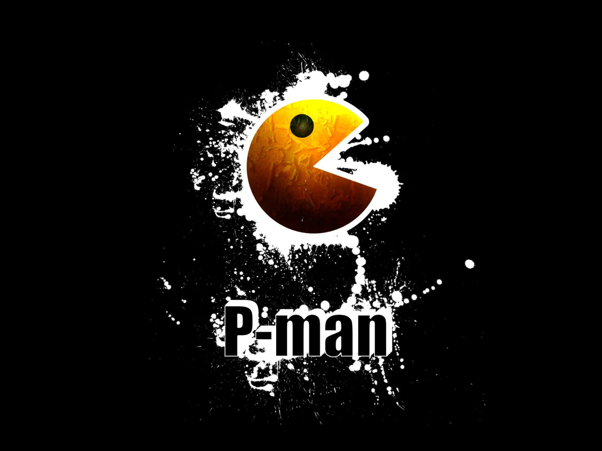 pac man 桌布 壁紙 — 一個風格化的 Pac-Man 標誌，帶有紋理橙色漸變和白色油漆飛濺效果，背景為黑色。