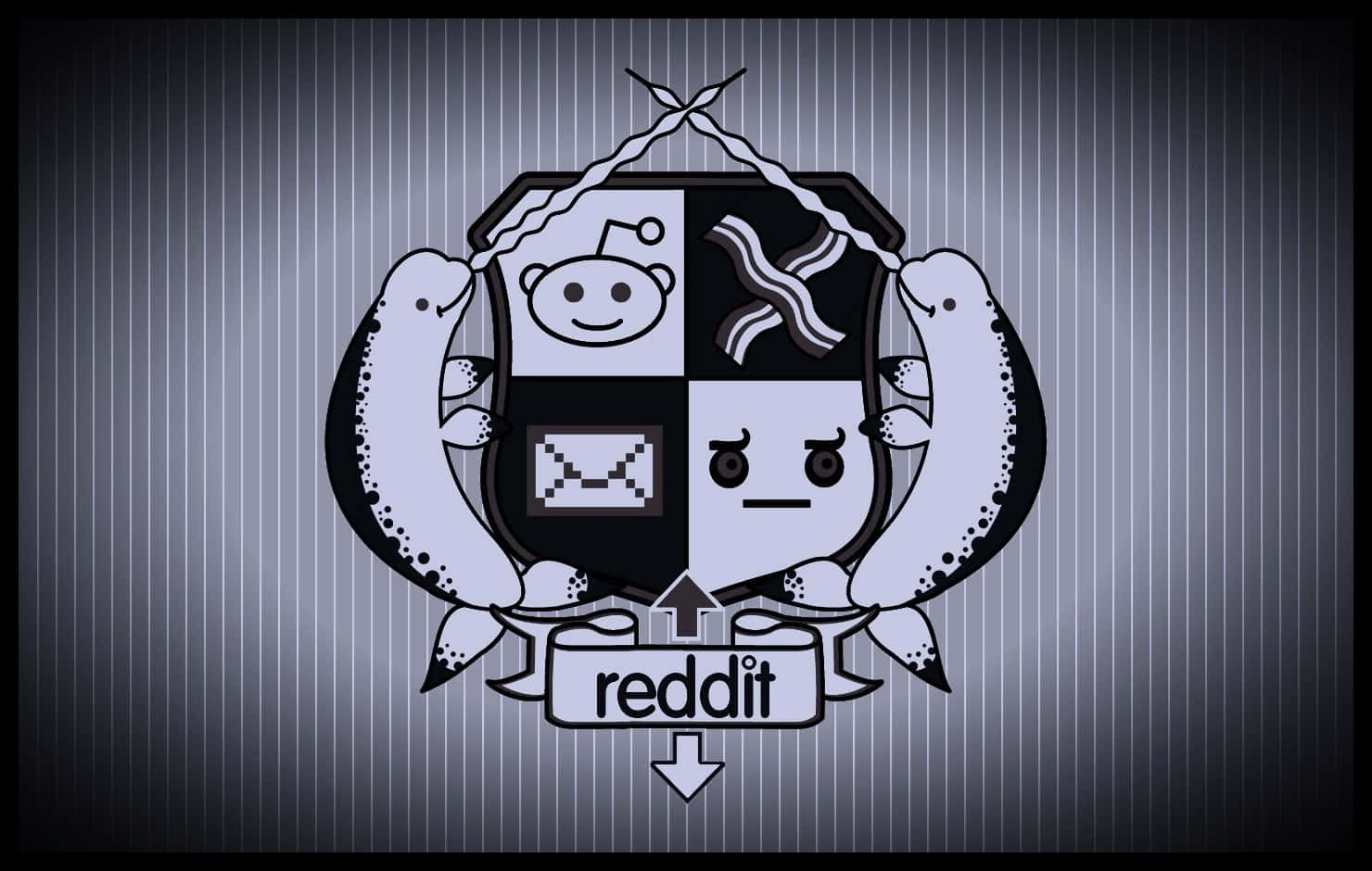 reddit 桌布 壁紙 — 一個風格化的 Reddit 標誌，盾牌內有一個微笑的外星人和一個憤怒的臉孔，兩側有兩隻海豹，背景是條紋灰色。