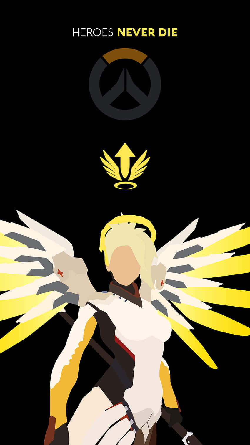 Overwatch Mercy 桌布 壁紙 — 一個風格化的《鬥陣特攻》天使英雄，擁有黃色翅膀和發光標誌，背景為黑色。