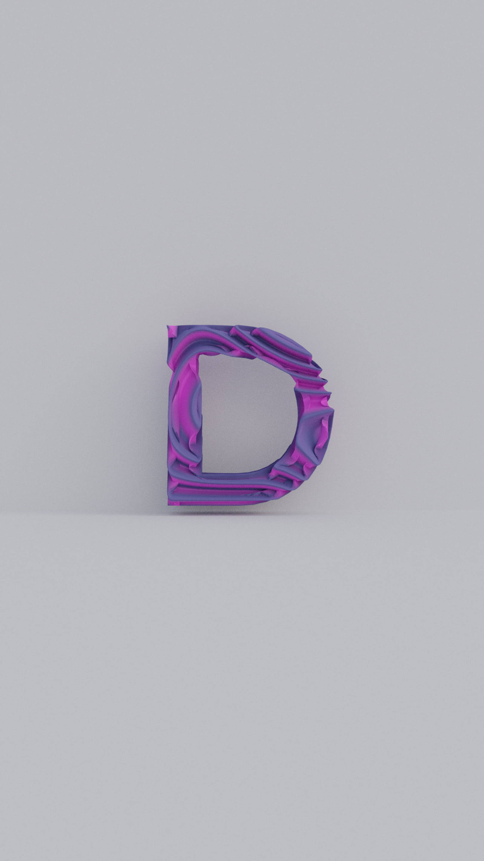 字母 桌布 壁紙 — 一個風格化的3D字母D，帶有旋渦狀的紫色和洋紅色紋理，位於純灰色表面的中央。