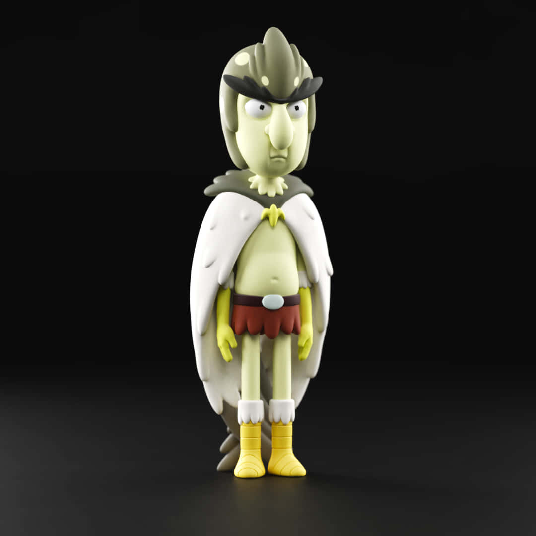 Birdperson 桌布 壁紙 — 一個風格化的3D渲染動作人偶，描繪一位綠色皮膚的戰士，戴著頭盔、披風和黃色靴子，站在黑色背景前。