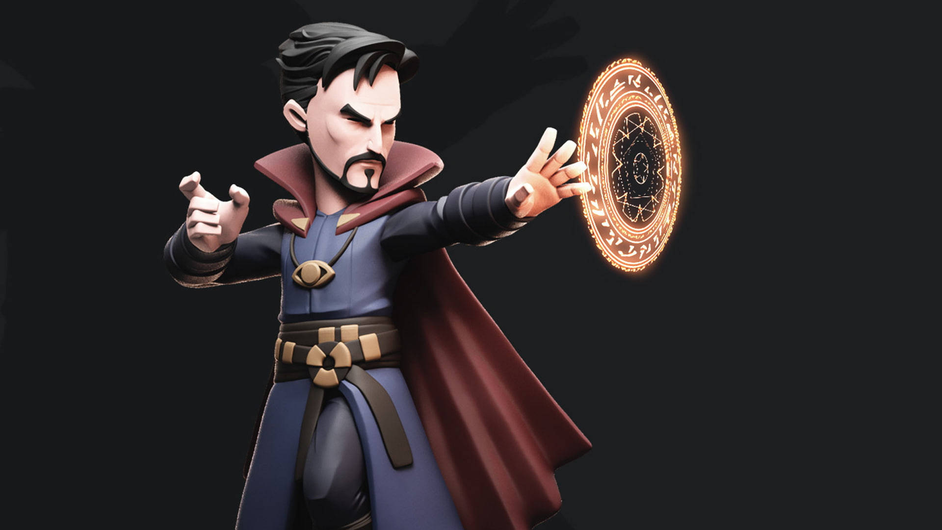 奇異博士 桌布 壁紙 — 一個風格化的3D渲染奇異博士人偶，身穿藍色長袍和紅色斗篷，在黑暗背景下從手中引導發光的 mystical 能量。