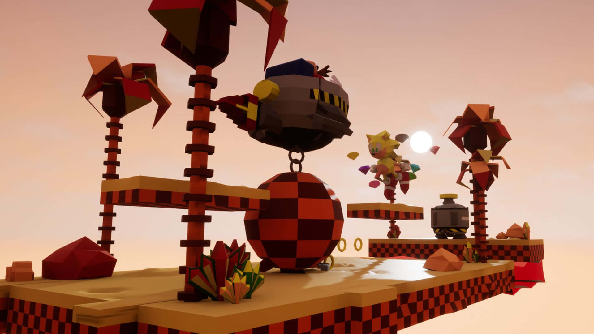 Sonic Sandopolis Zone 桌布 壁紙 — 一個風格化的3D渲染遊戲場景，有一隻黃色狐狸角色在溫暖的日落天空下於格子平台之間跳躍。
