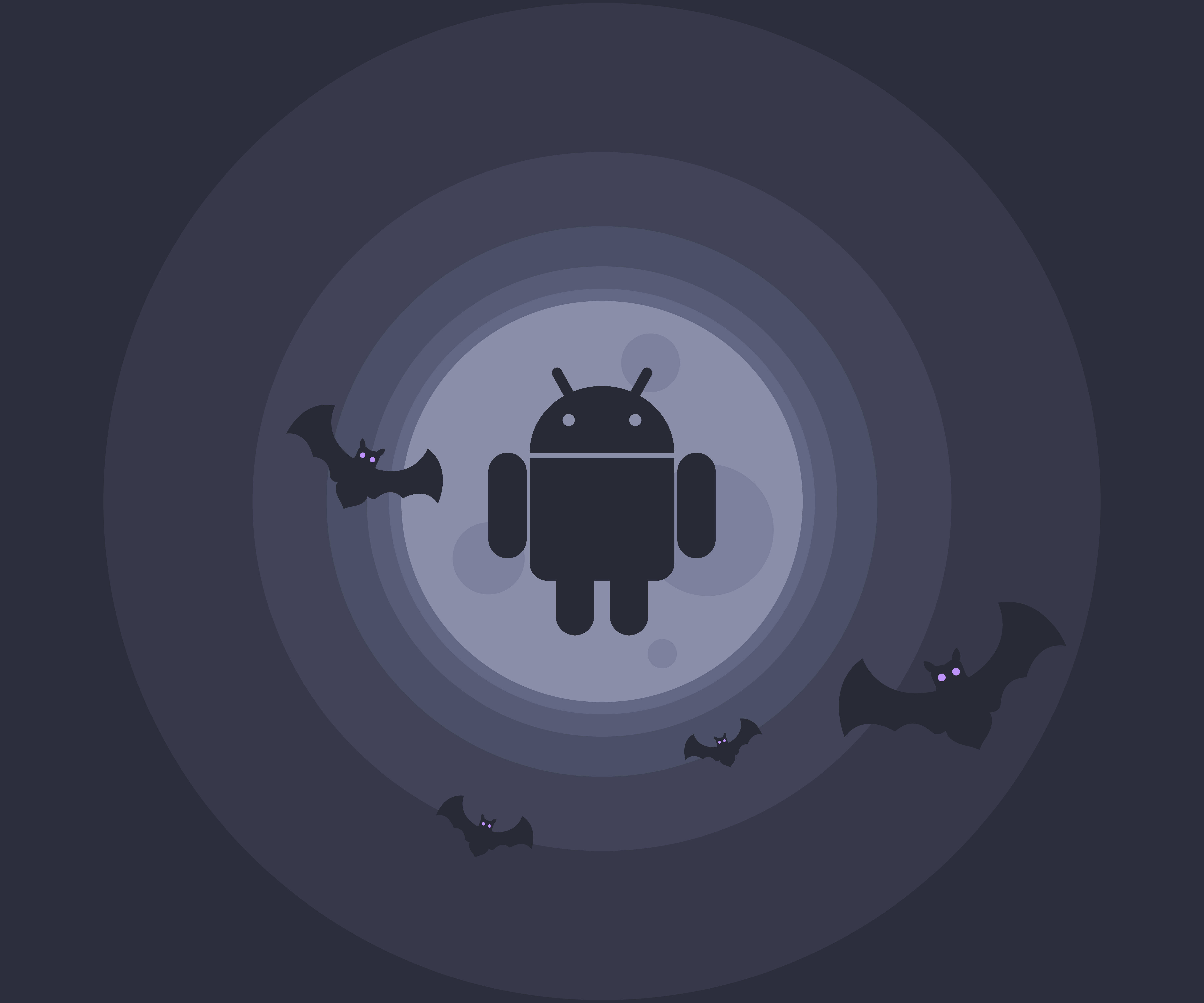 鎖屏 桌布 壁紙 — 一個風格化的Android機械人站在發光的月亮前，周圍有飛翔的蝙蝠，背景是黑暗的夜晚場景。