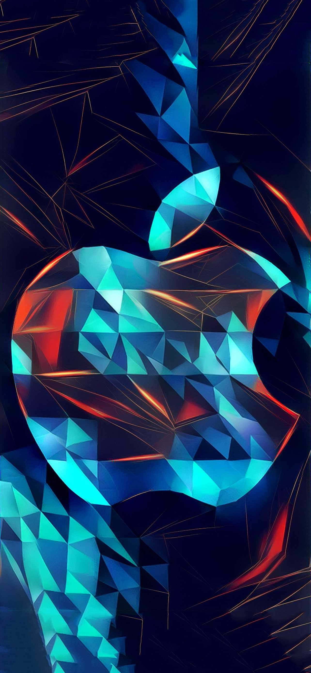 iPhone 14 Plus 桌布 壁紙 — 一個風格化的Apple標誌，以發光的藍色和紅色幾何面呈現在深色抽象背景上。