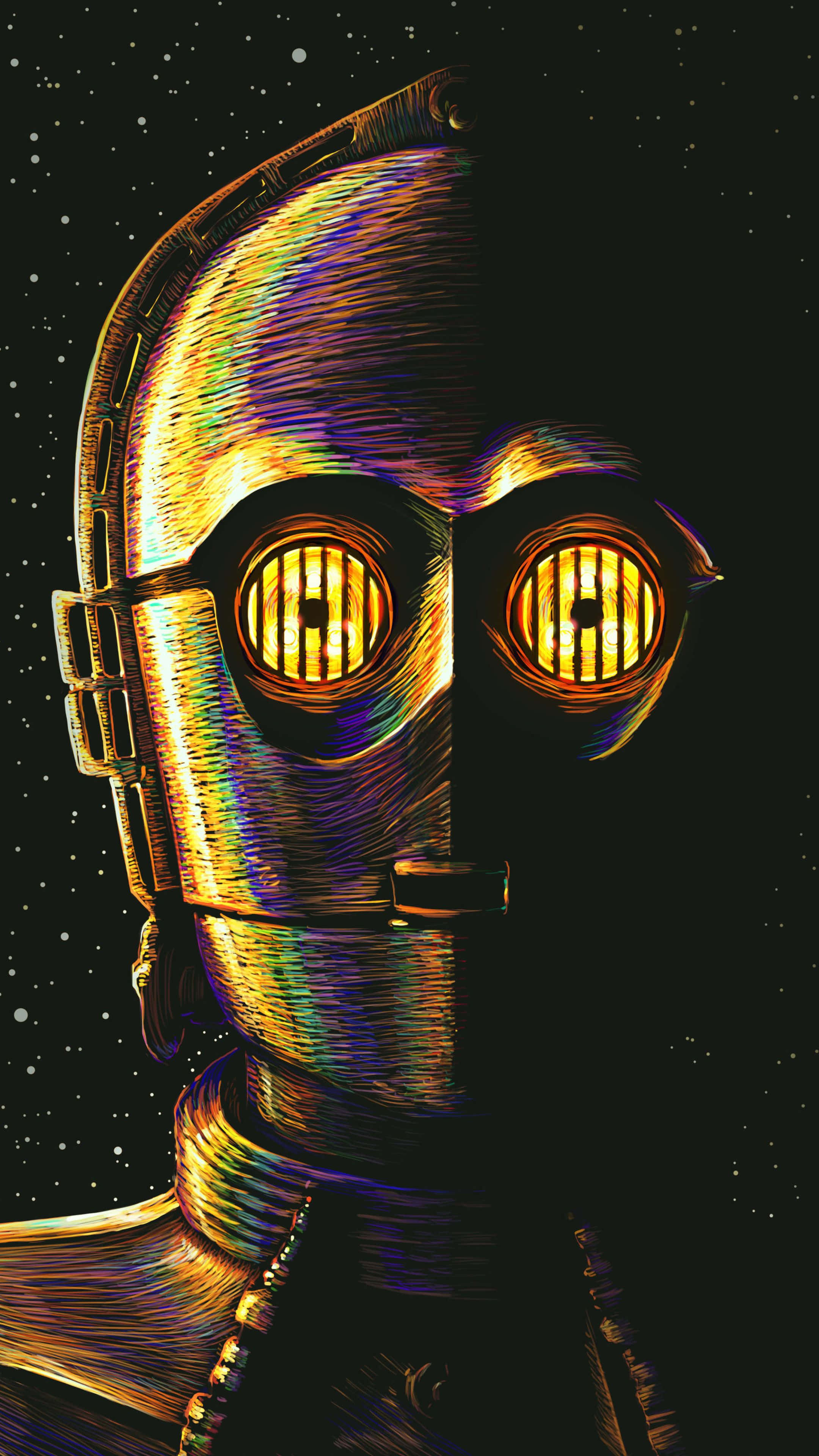 C-3po 桌布 壁紙 — 一個風格化的C-3PO機械人，帶有發光的黃色眼睛，在繁星點點的太空背景下凝視，呈現鮮豔的金屬色調。
