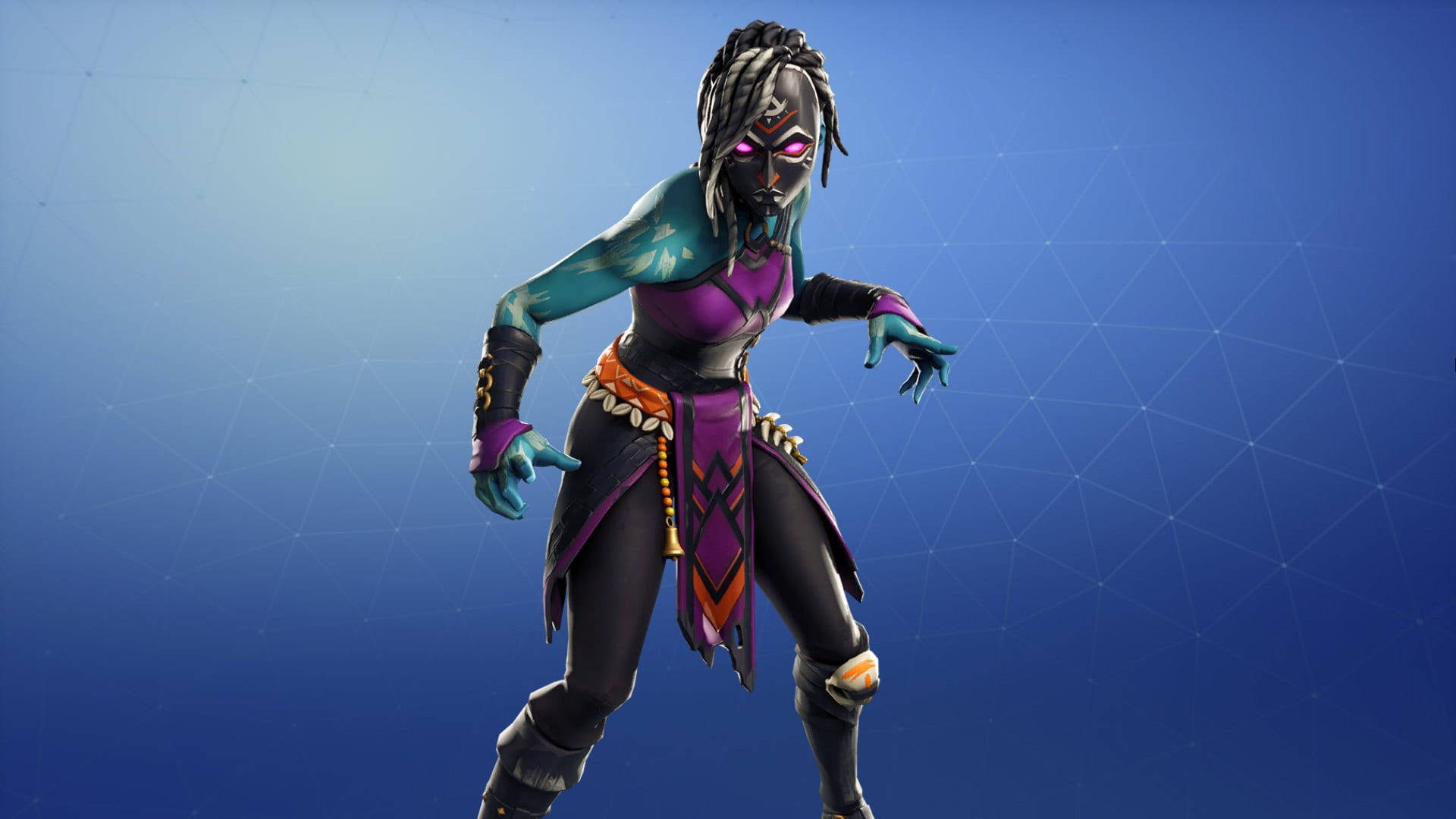 遊戲 桌布 壁紙 — 一個風格化的Fortnite角色，擁有發光的紫色眼睛和青綠色皮膚，在藍色幾何背景前擺出動態姿勢。
