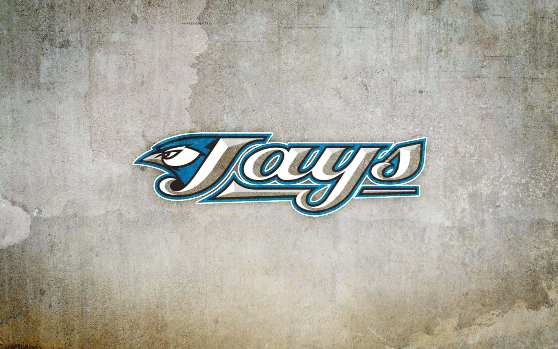 Blue Jays. 桌布 壁紙 — 一個風格化的Jay標誌，帶有鳥頭和手寫字體，位於風化的混凝土牆上。