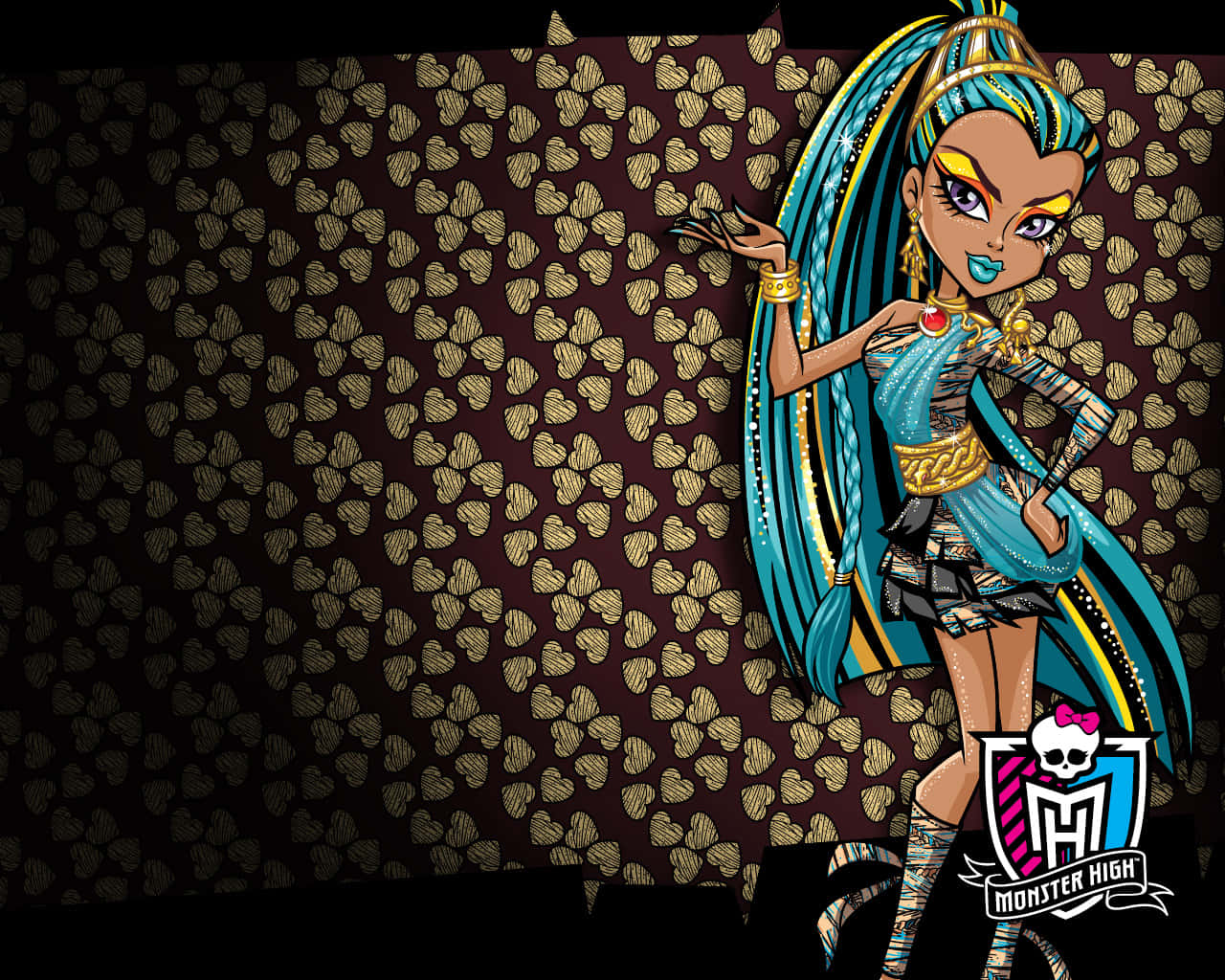 Monster High 桌布 壁紙 — 一個風格化的Monster High角色，擁有藍綠色頭髮和金色飾物，在帶有金色心形圖案的深色背景前擺姿勢。