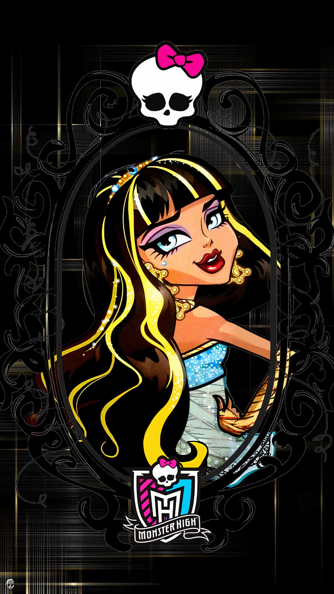 Monster High 桌布 壁紙 — 一個風格化的Monster High角色，擁有長長的黑黃色頭髮和粉紅色蝴蝶結，在黑暗背景中透過華麗的鏡框凝視。