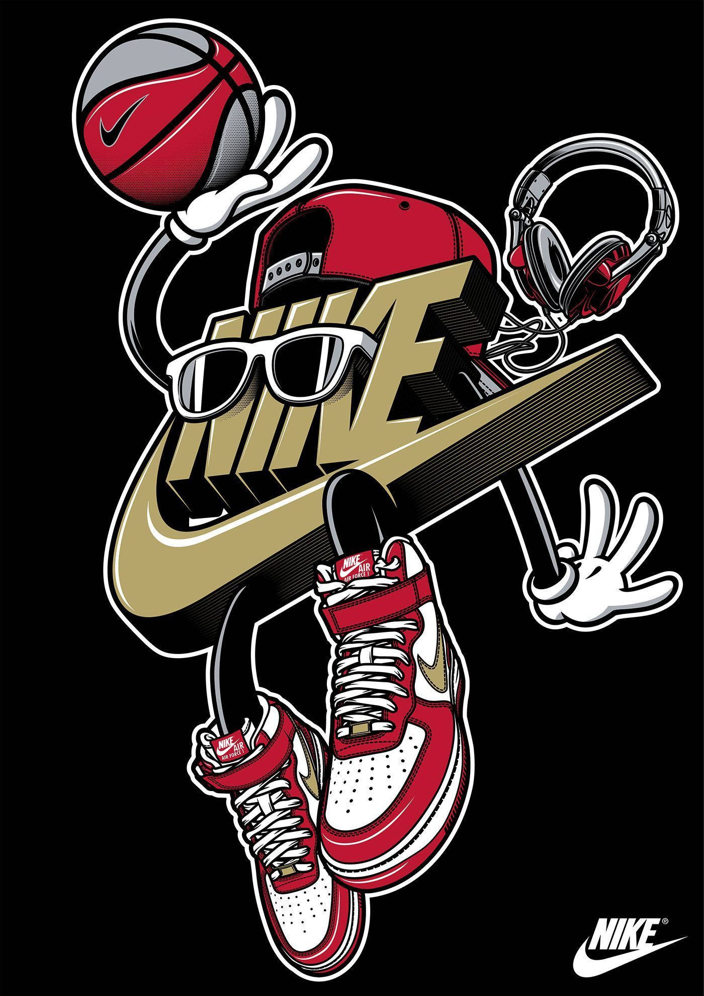 Nike 桌布 壁紙 — 一個風格化的Nike標誌變成一個籃球運動員，戴著紅色帽子、太陽眼鏡和運動鞋，拿著球和耳機，背景為黑色。