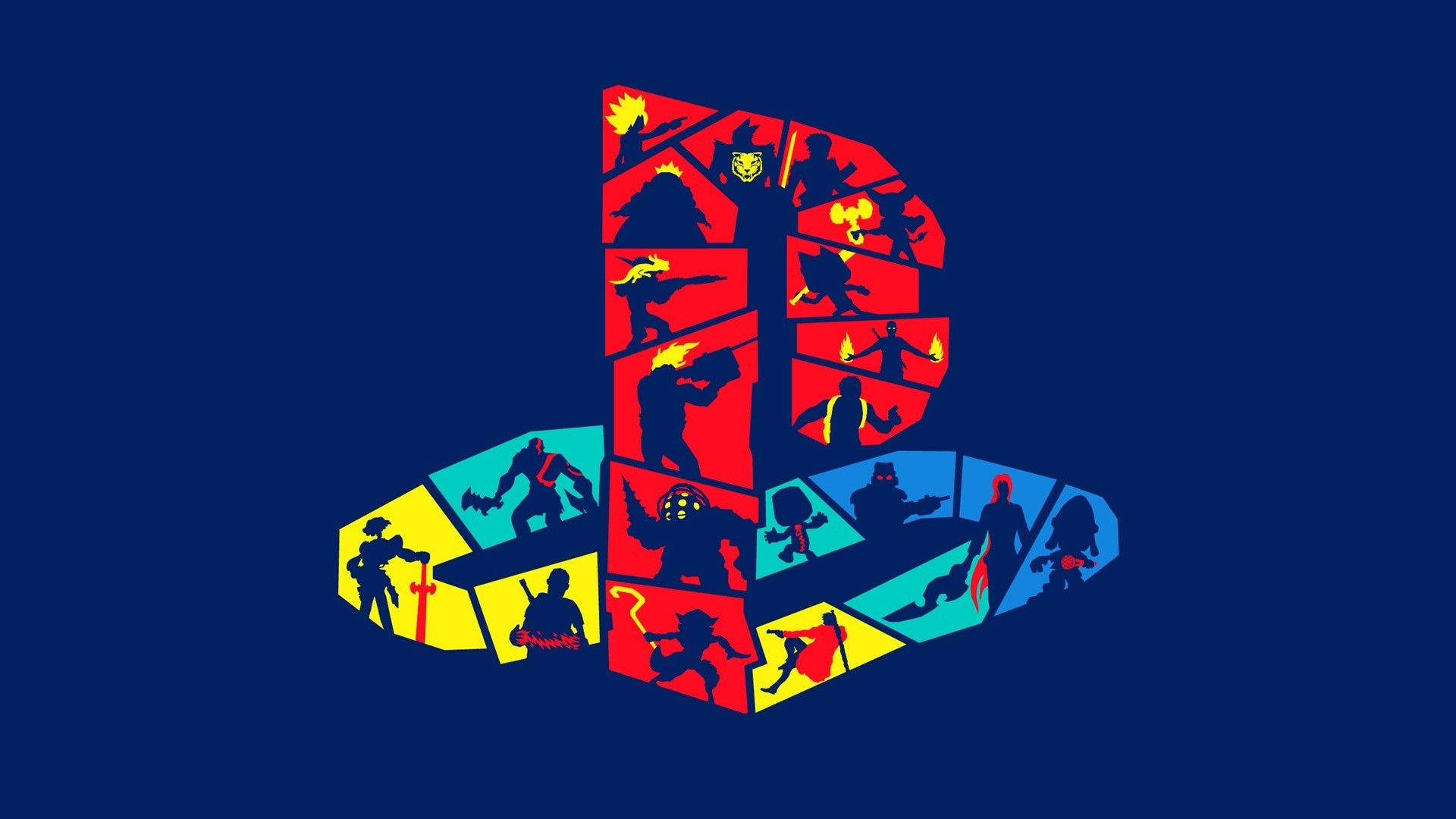 藝術 桌布 壁紙 — 一個風格化的PlayStation標誌，充滿了標誌性遊戲角色的彩色剪影，背景為深藍色。
