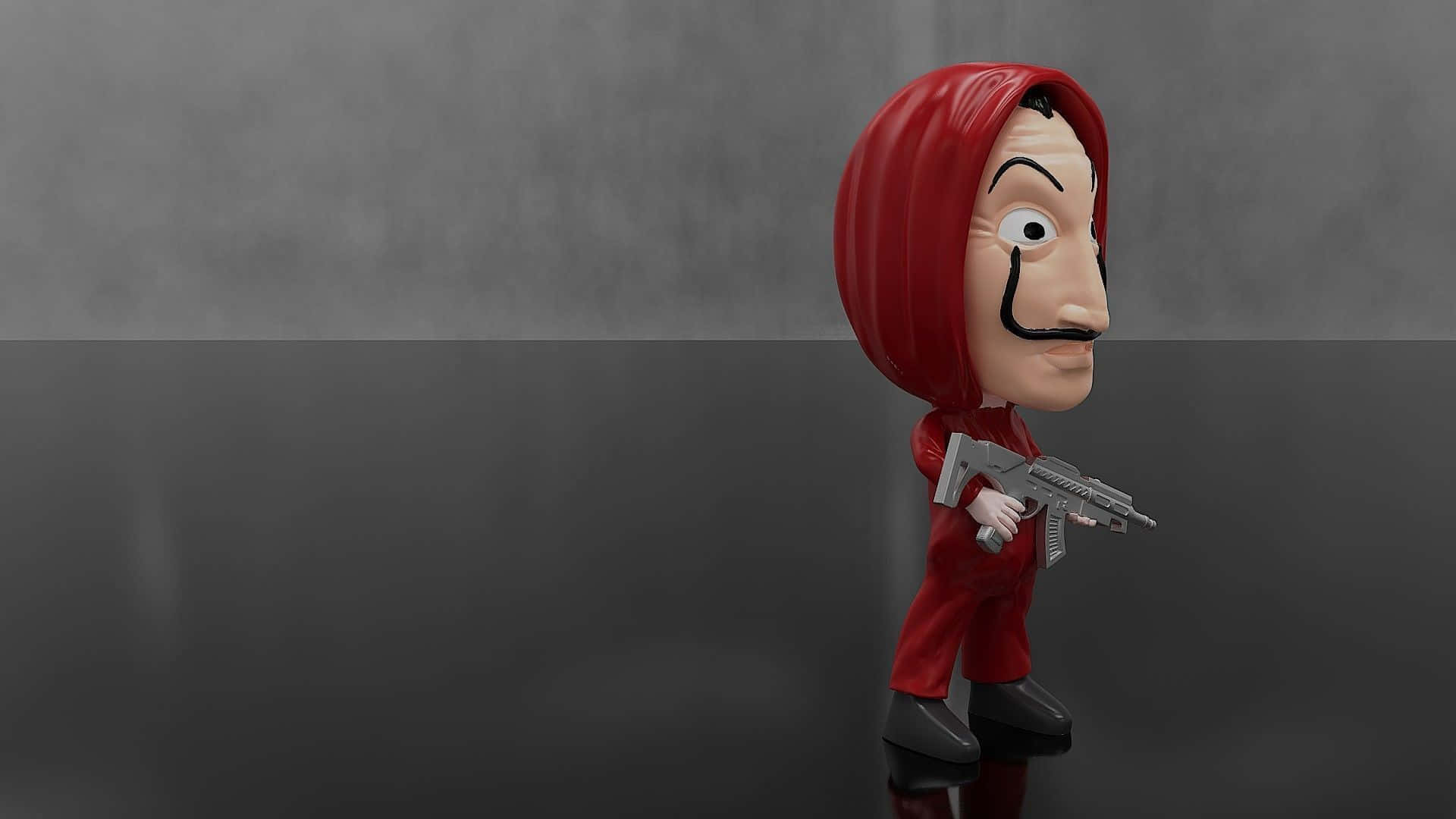 Money Heist 桌布 壁紙 — 一個風格化的Q版人物穿著紅色西裝和連帽，在灰色漸變背景上拿著步槍。
