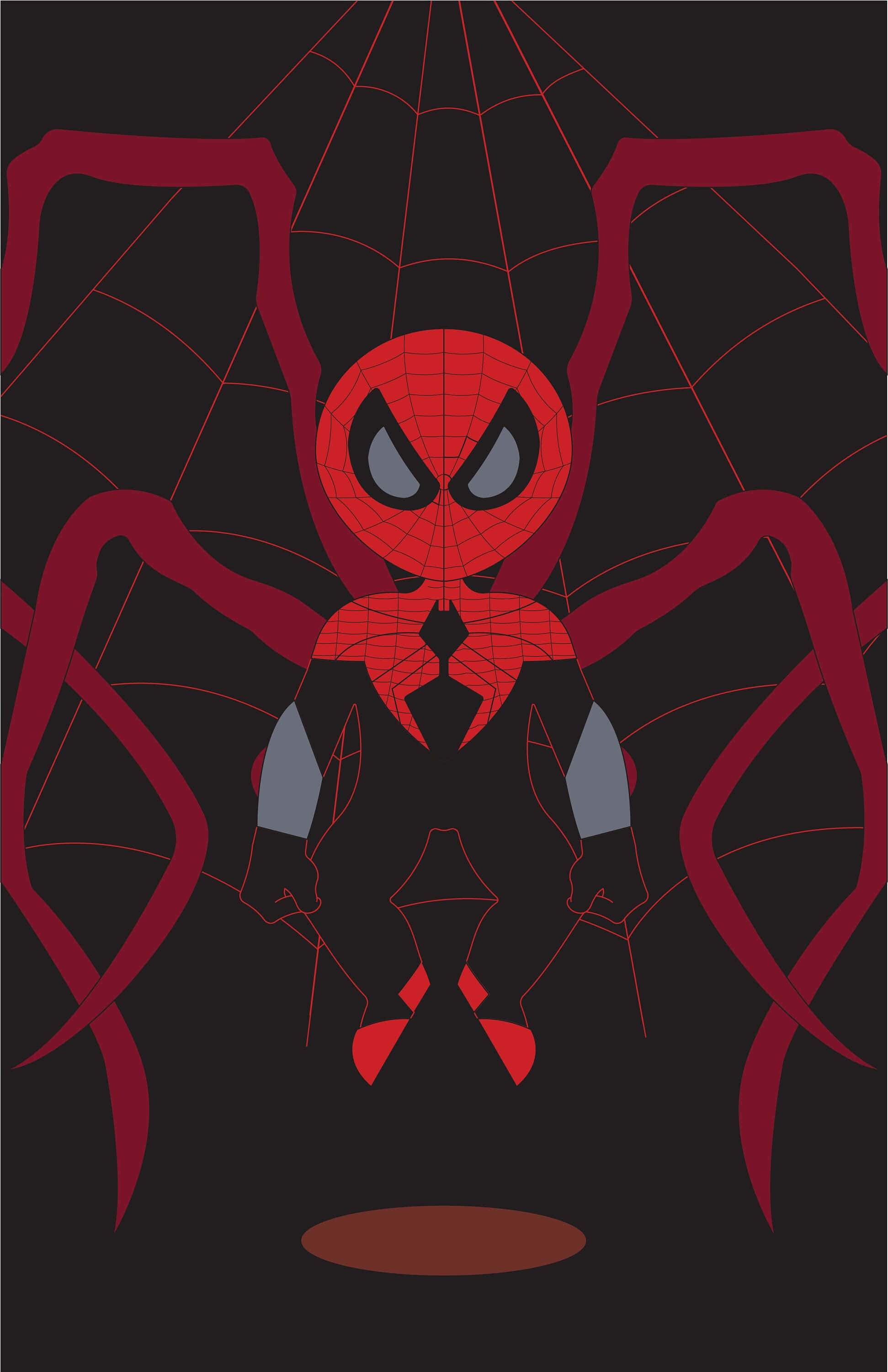 Superior Spider-man 桌布 壁紙 — 一個風格化的Q版蜘蛛俠掛在蜘蛛網上，背景為深色，紅色蜘蛛腿環繞著他。