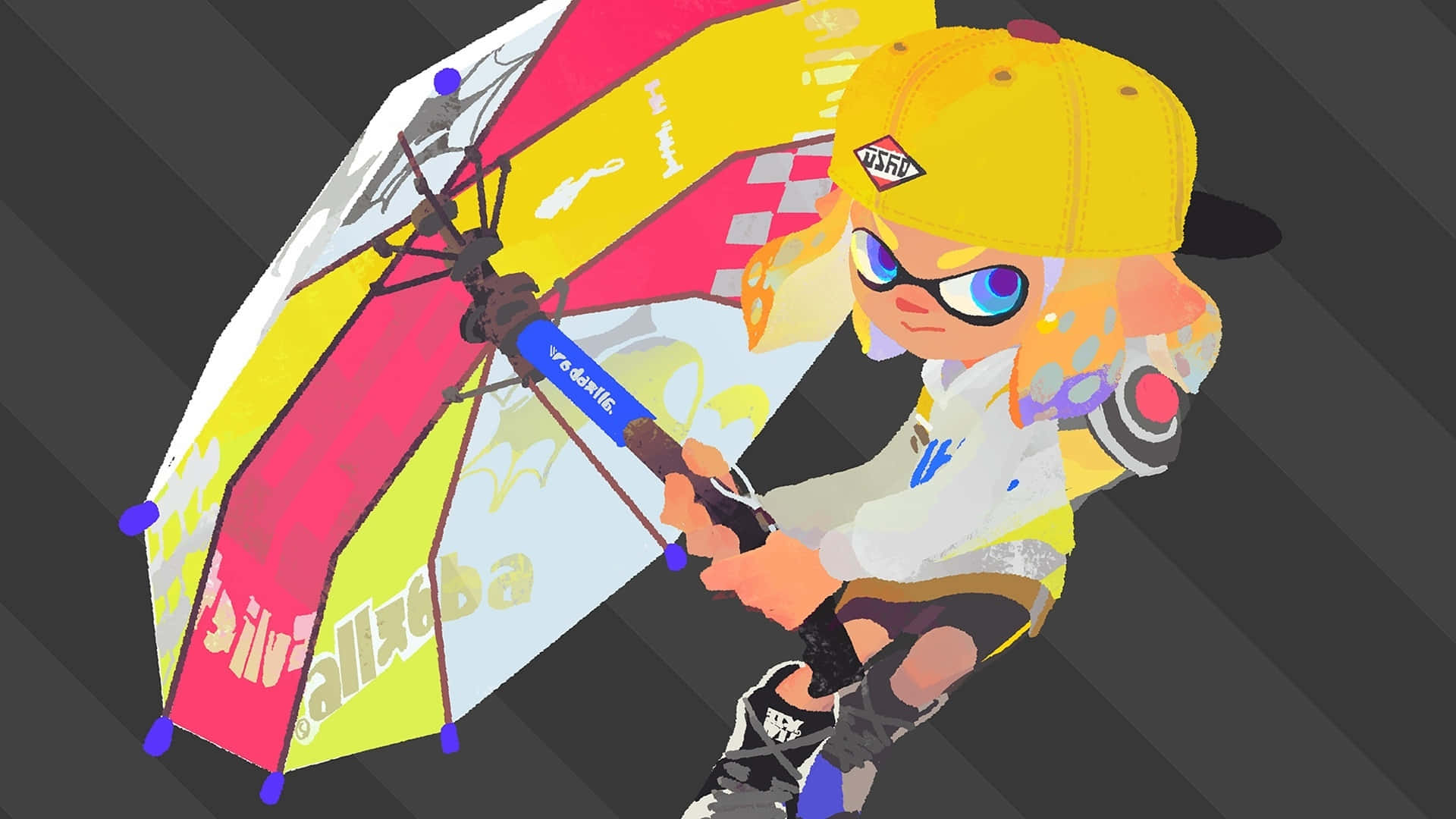 splatoon 桌布 壁紙 — 一個風格化的Splatoon角色，戴著黃色帽子和護目鏡，在深色斜紋背景前拿著一把色彩繽紛、佈滿塗鴉的雨傘。