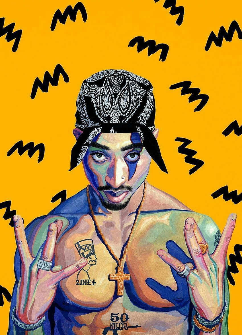 Thug Life 壁紙 — 一個風格化的Tupac Shakur肖像，帶有紋身和頭巾，背景是鮮黃色帶黑色鋸齒圖案。