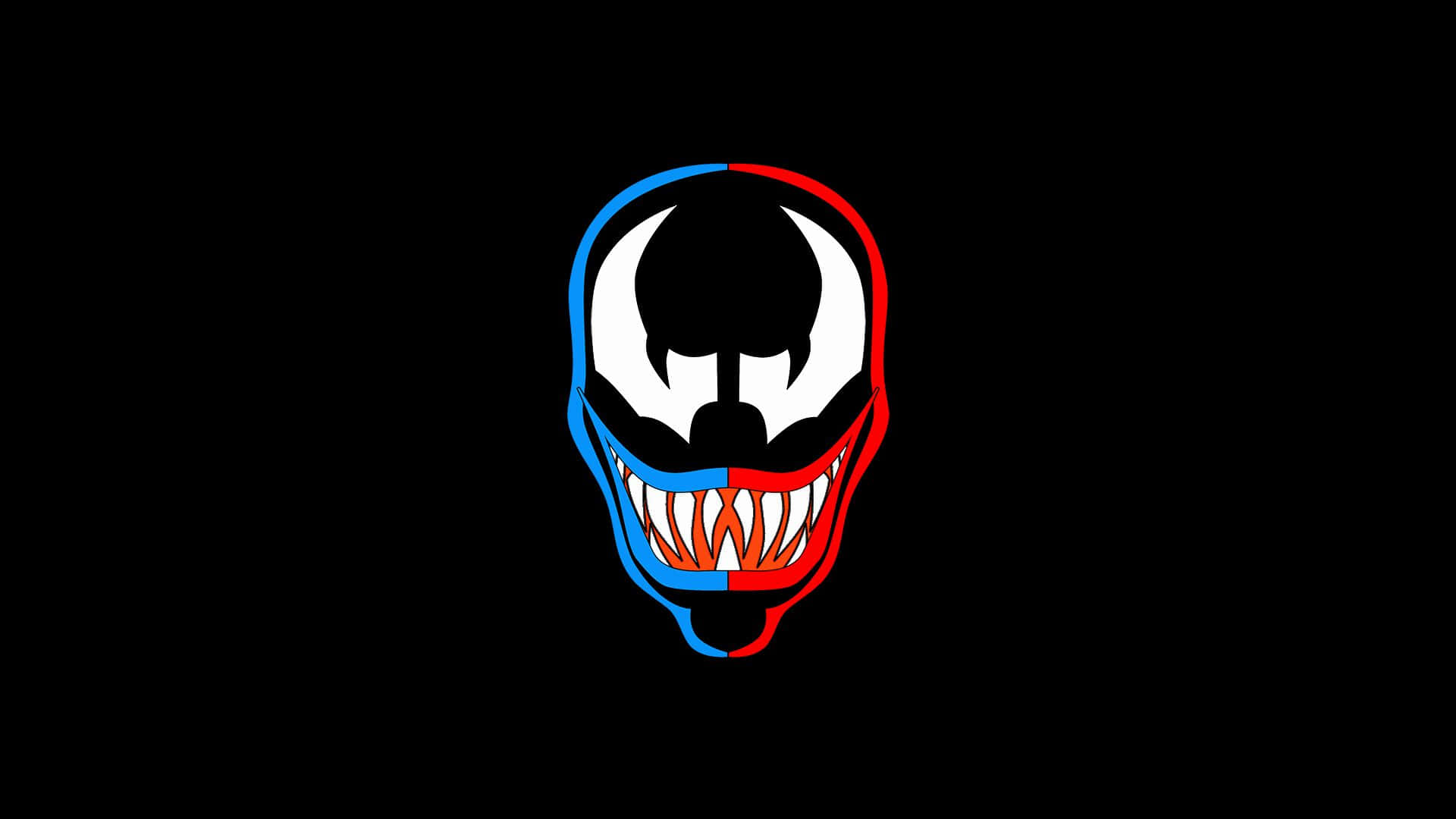 Scary Venom 桌布 壁紙 — 一個風格化的Venom標誌，垂直分割，左邊藍色，右邊紅色，背景為黑色。