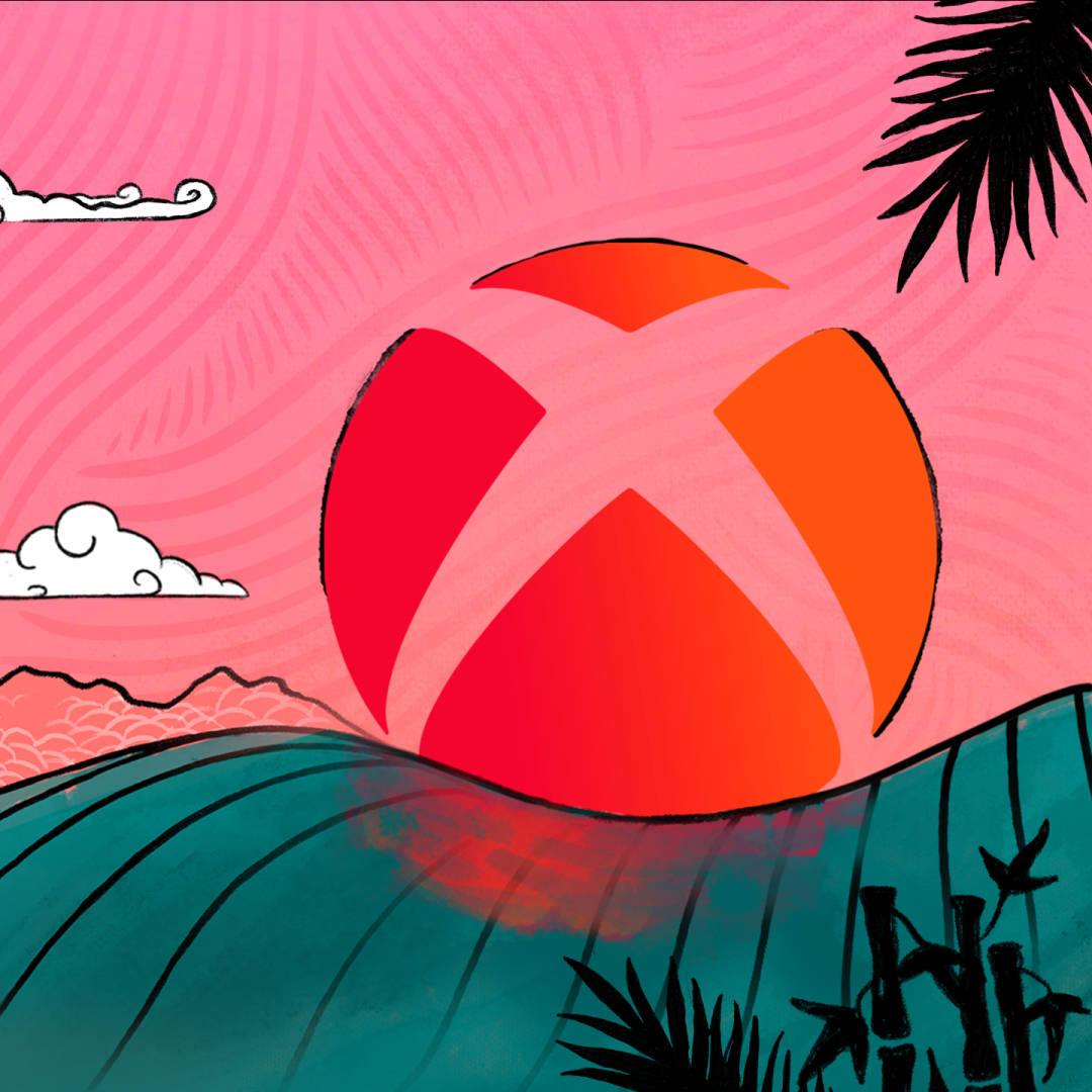 Xbox 桌布 壁紙 — 一個風格化的Xbox標誌像火熱的太陽一樣升起，在粉紅色天空的襯托下，越過帶有棕櫚葉和雲朵的藍綠色波浪。