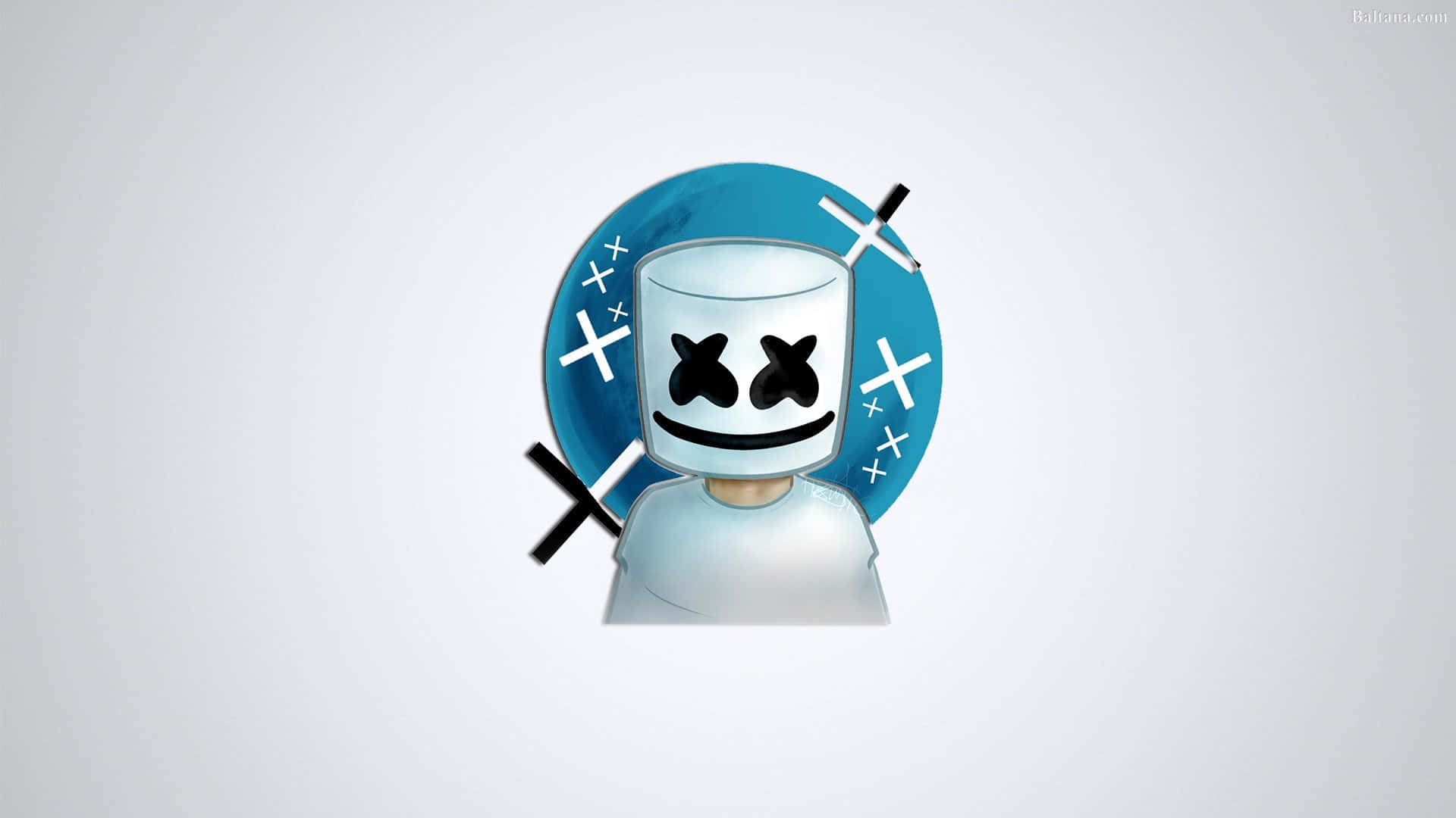 Marshmello 桌布 壁紙 — 一個風格化的人物，戴著白色棉花糖頭盔，有黑色X形眼睛和微笑，站在藍色圓形背景前，背景上有交叉的黑色工具。