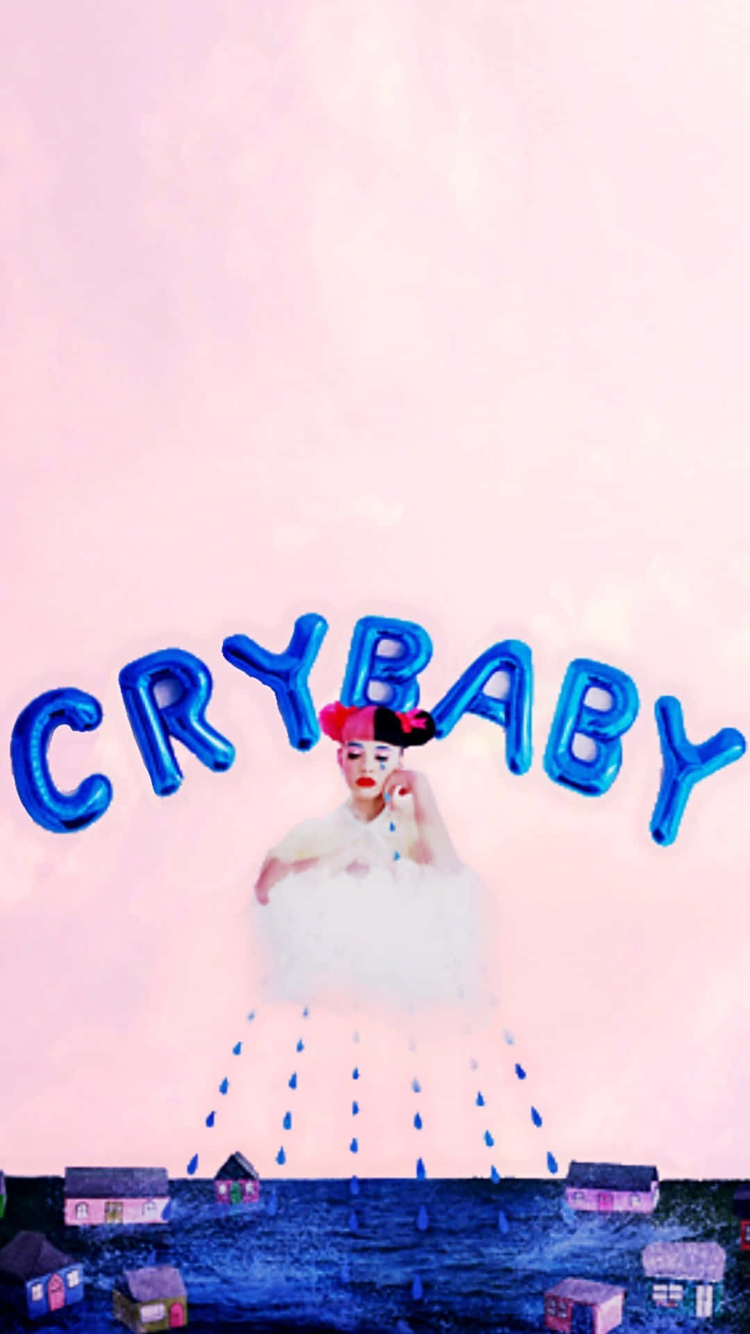 Melanie Martinez 桌布 壁紙 — 一個風格化的人物，紅唇和辮子，站在雲上，拿著一個藍色氣球，上面拼寫著CRYBABY，雨滴落在下面的微型房屋上。