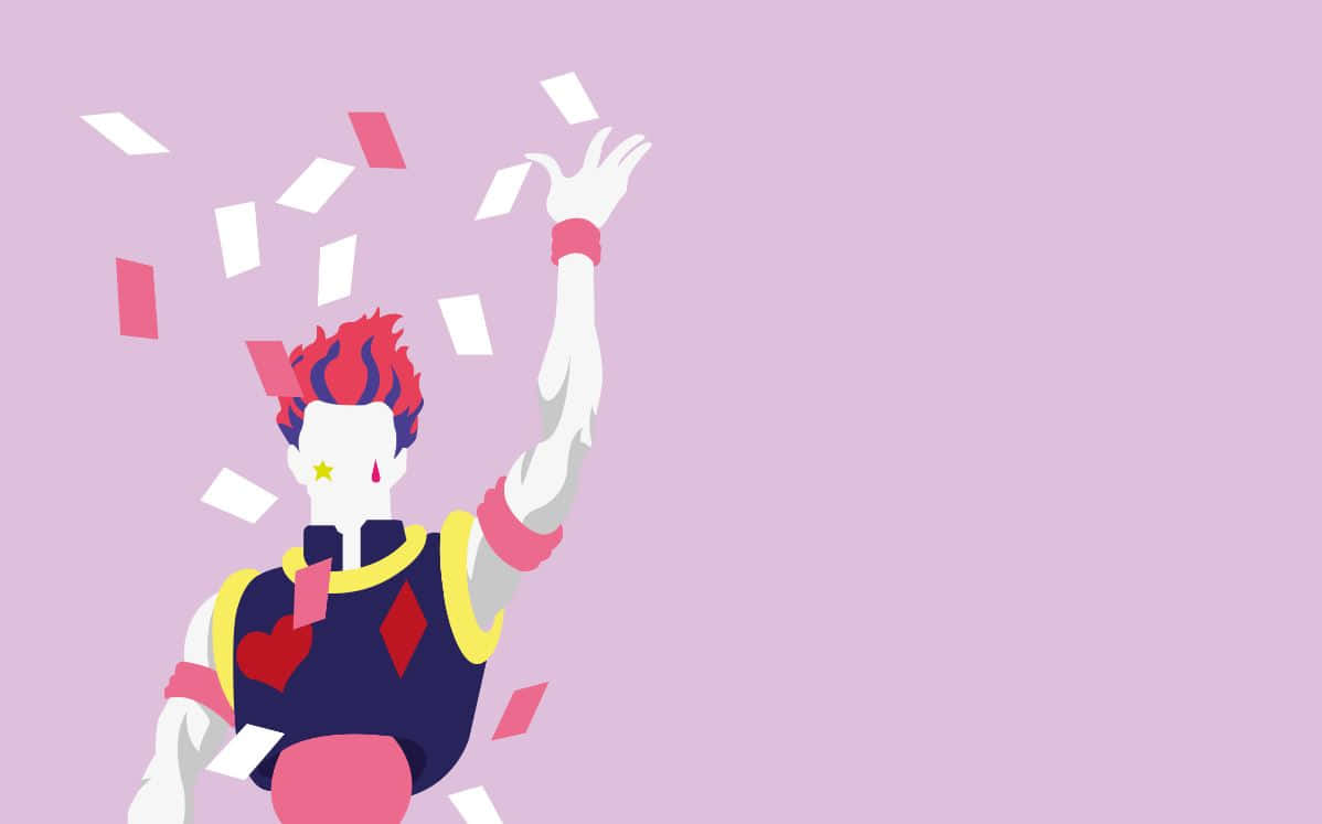 Hisoka Morow 桌布 壁紙 — 一個風格化的人物，紅髮和撲克牌符號，在柔和的薰衣草背景上拋出粉紅色和白色的卡片。