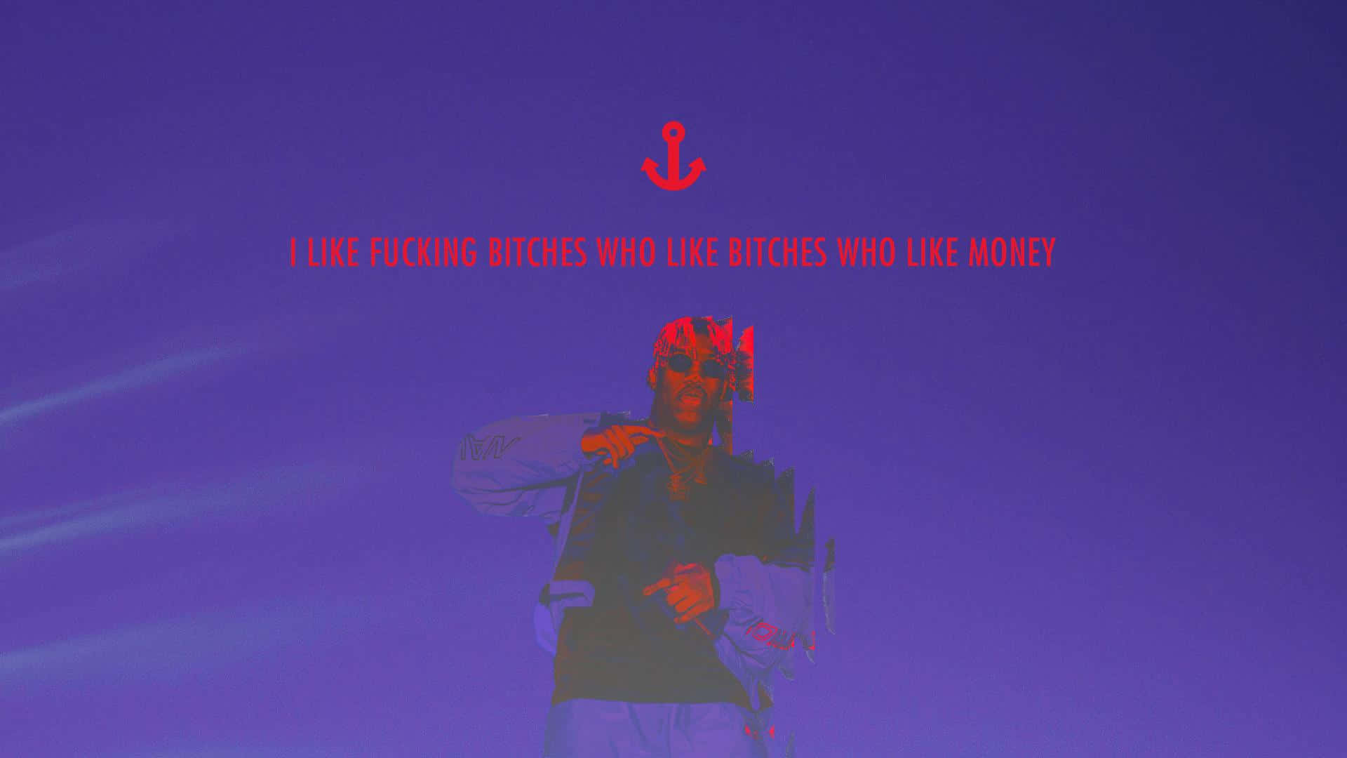 Lil Uzi Vert 桌布 壁紙 — 一個風格化的人物以紅色和紫色色調站在漸變紫色背景前，帶有粗體紅色文字和一個錨符號。