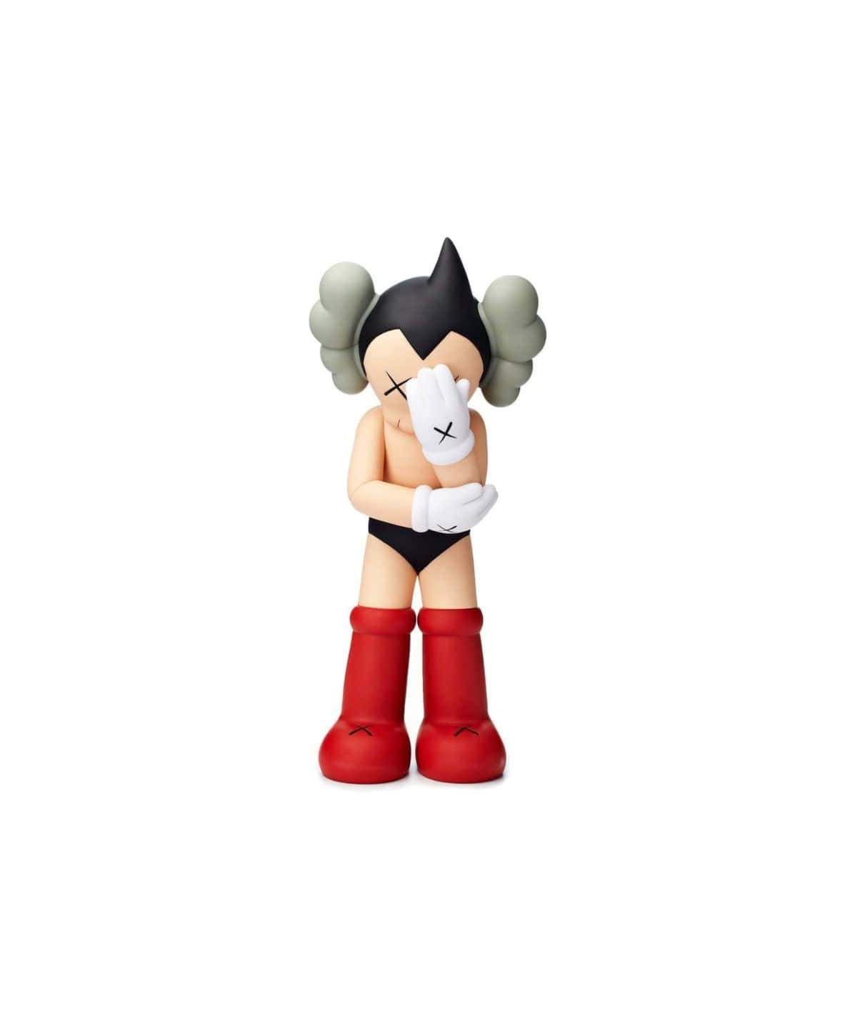 Kaws Figures 桌布 壁紙 — 一個風格化的人物公仔，有黑色頭髮、灰色絨球、白色手套和紅色靴子，在純白色背景前遮住臉。