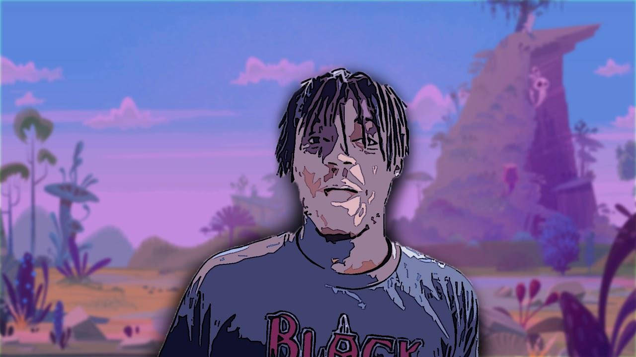 Juice WRLD 桌布 壁紙 — 一個風格化的人物肖像，人物梳著辮子，背景是超現實的紫色外星景觀，有漂浮的植物和遠處的廢墟。
