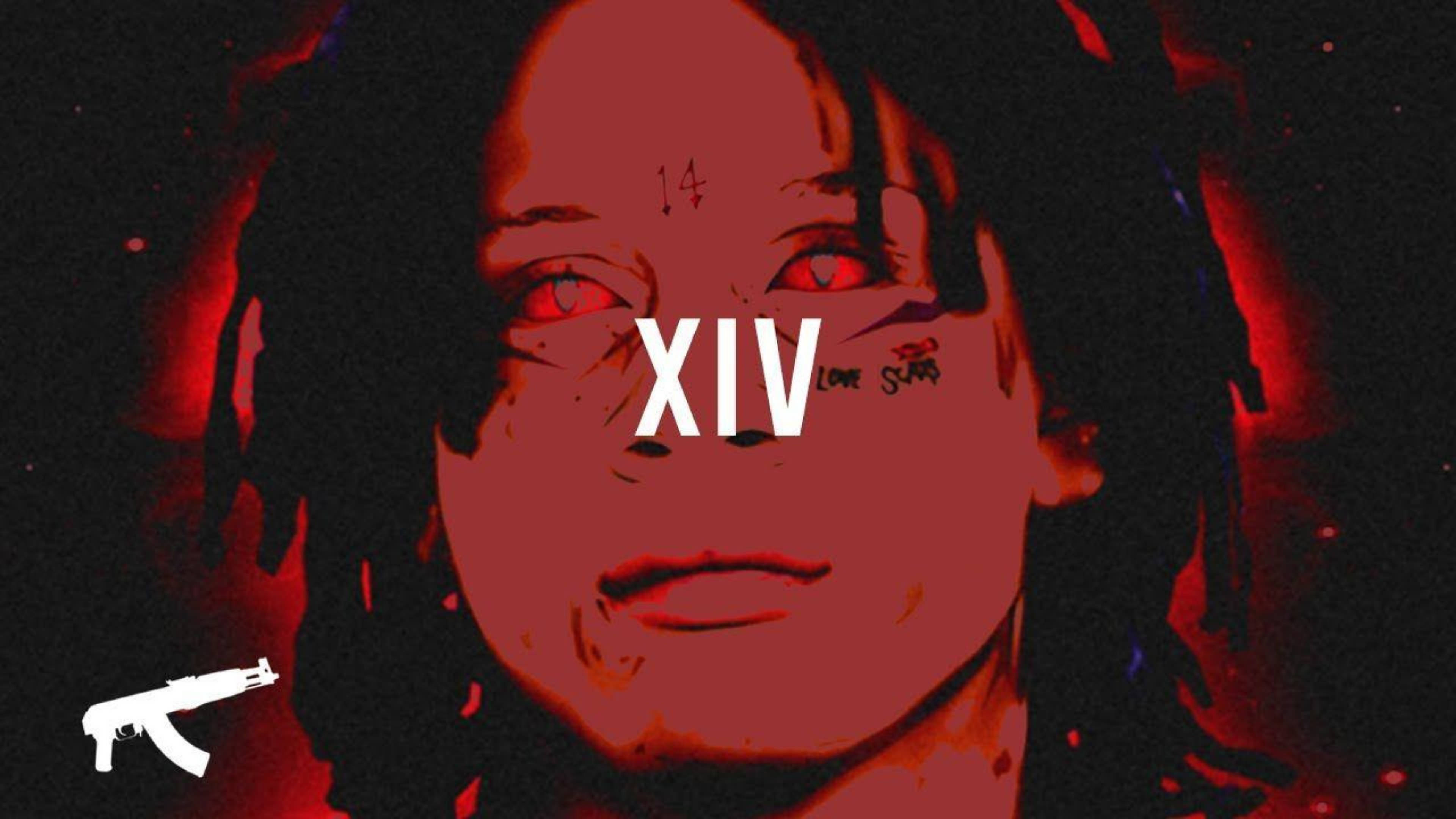 Trippie Redd XIV 壁紙 — 一個風格化的人物肖像，帶有紅色發光的眼睛和重疊的羅馬數字 XIV，背景為深紅色和黑色，並有白色 AK-47 剪影。