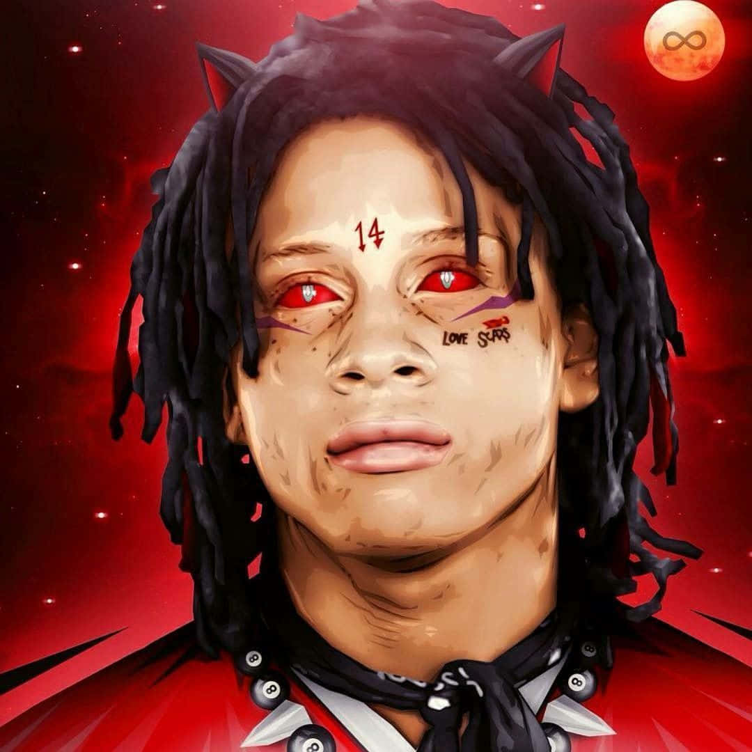trippie redd 桌布 壁紙 — 一個風格化的人物肖像，帶有辮子和紅眼睛，背景是宇宙紅色的月亮。