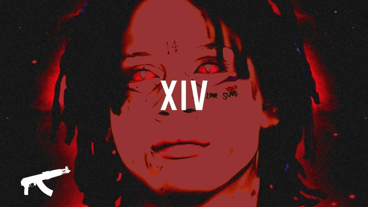 trippie redd 桌布 壁紙 — 一個風格化的人物肖像，紅眼睛和泛紅的皮膚，背景為深色，帶有白色AK-47剪影和文字XIV。