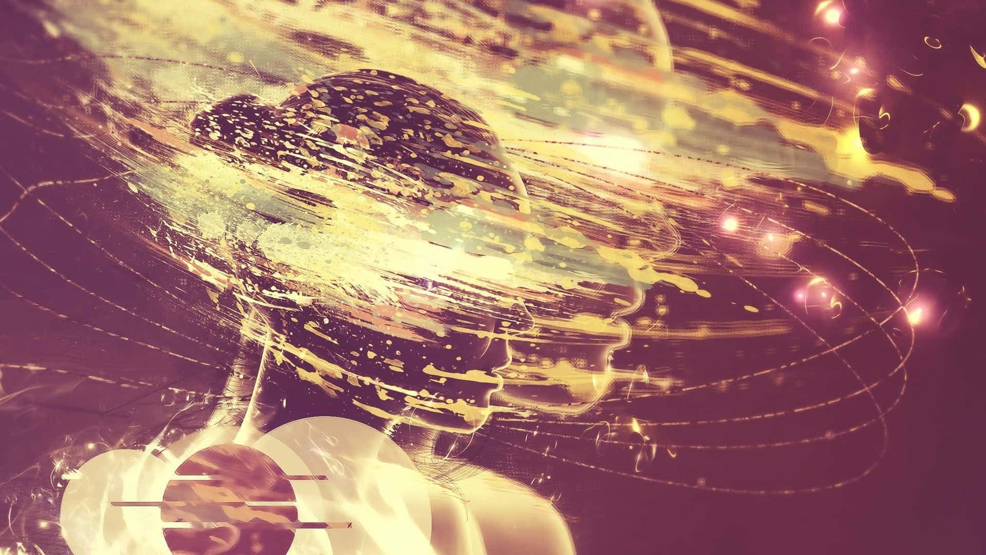 Conceptual Art 桌布 壁紙 — 一個風格化的人頭，帶有發光的金色條紋和宇宙粒子在超現實的數位藝術構圖中旋轉。