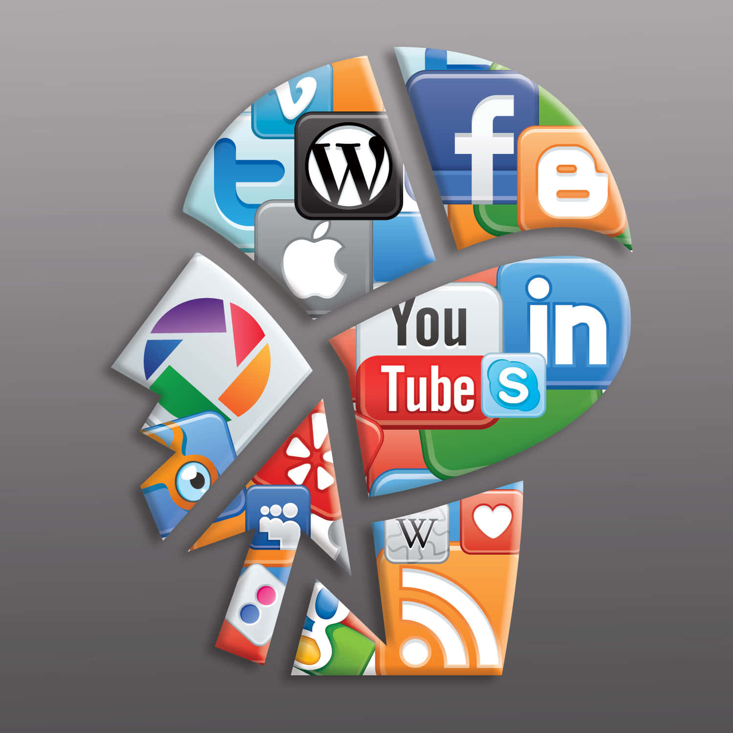 Social Media Icons 桌布 壁紙 — 一個風格化的人頭剪影，由色彩繽紛、碎片化的社交媒體應用程式圖標在灰色背景上形成。