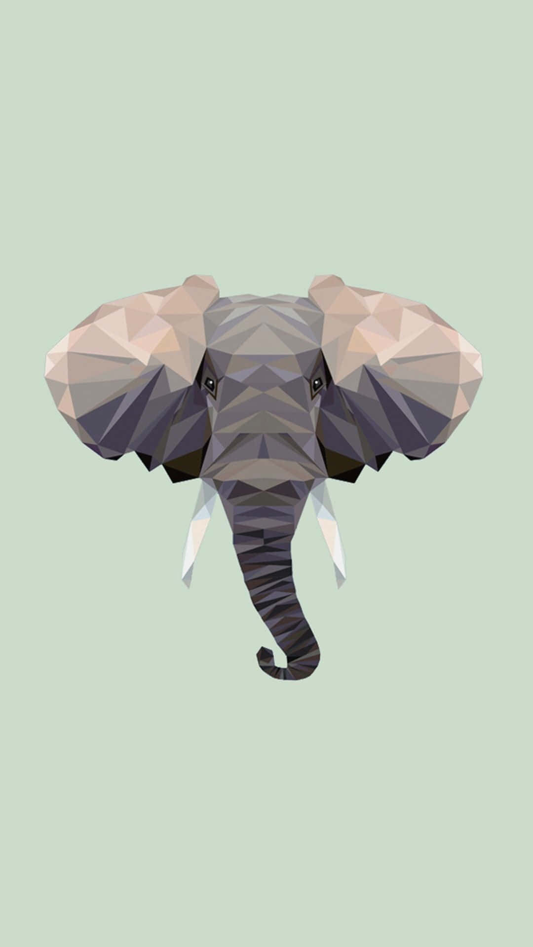 Kawaii Elephant 桌布 壁紙 — 一個風格化的低多邊形大象頭部，具有幾何切面和柔和的灰色調，背景為淡薄荷色。
