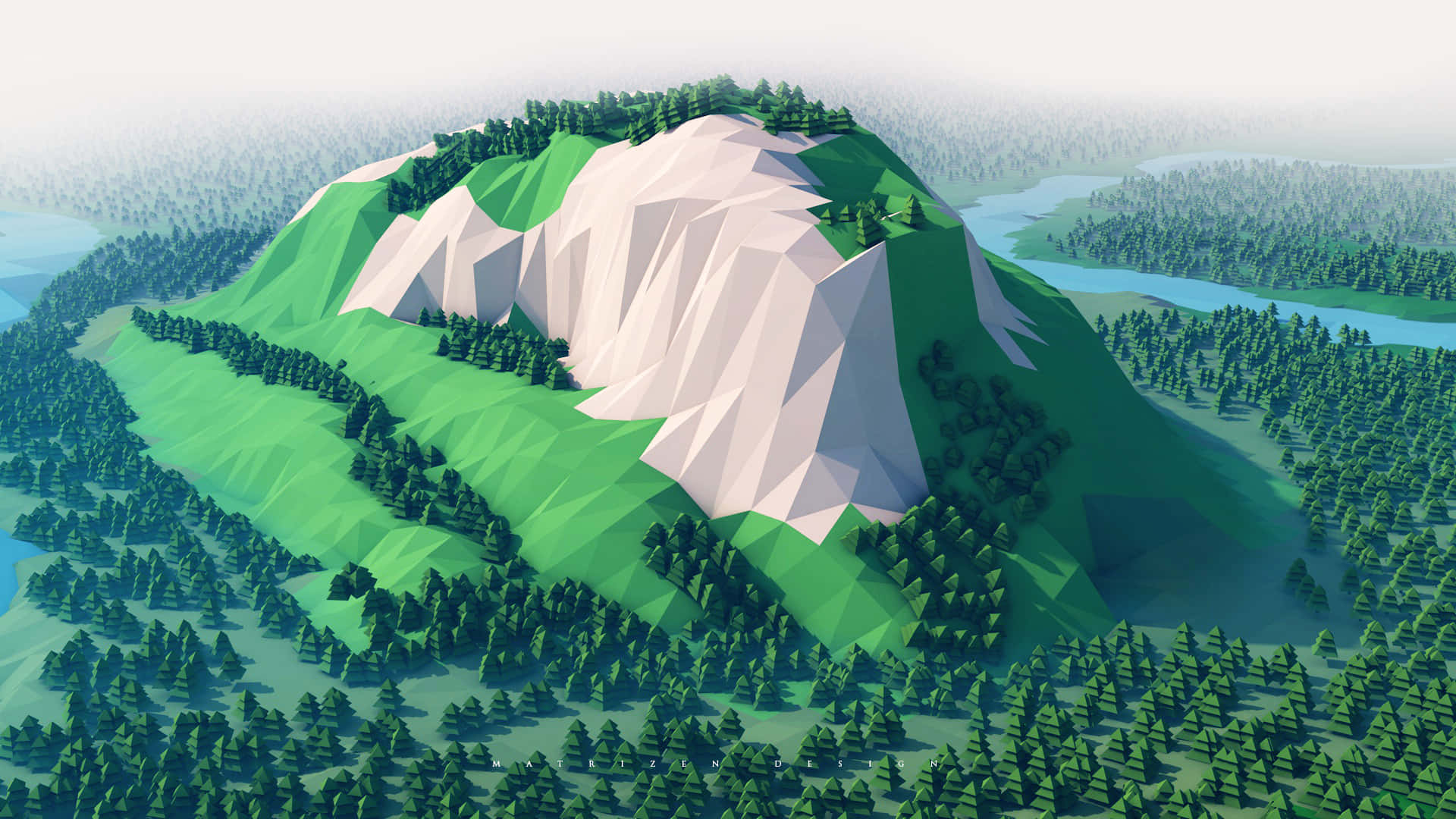 3d Landscape 桌布 壁紙 — 一個風格化的低多邊形山脈，擁有綠色山坡和白色岩石面，被森林和河流環繞。