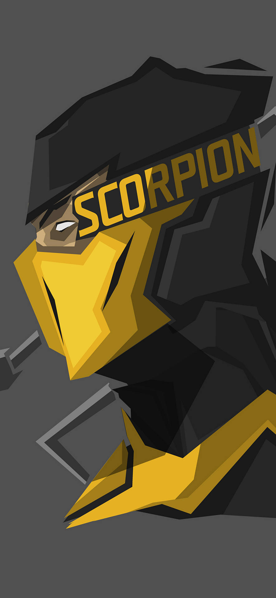 名為 Scorpion 的低多邊形忍者角色，身穿黃色和黑色盔甲。 — 真人快打 壁紙