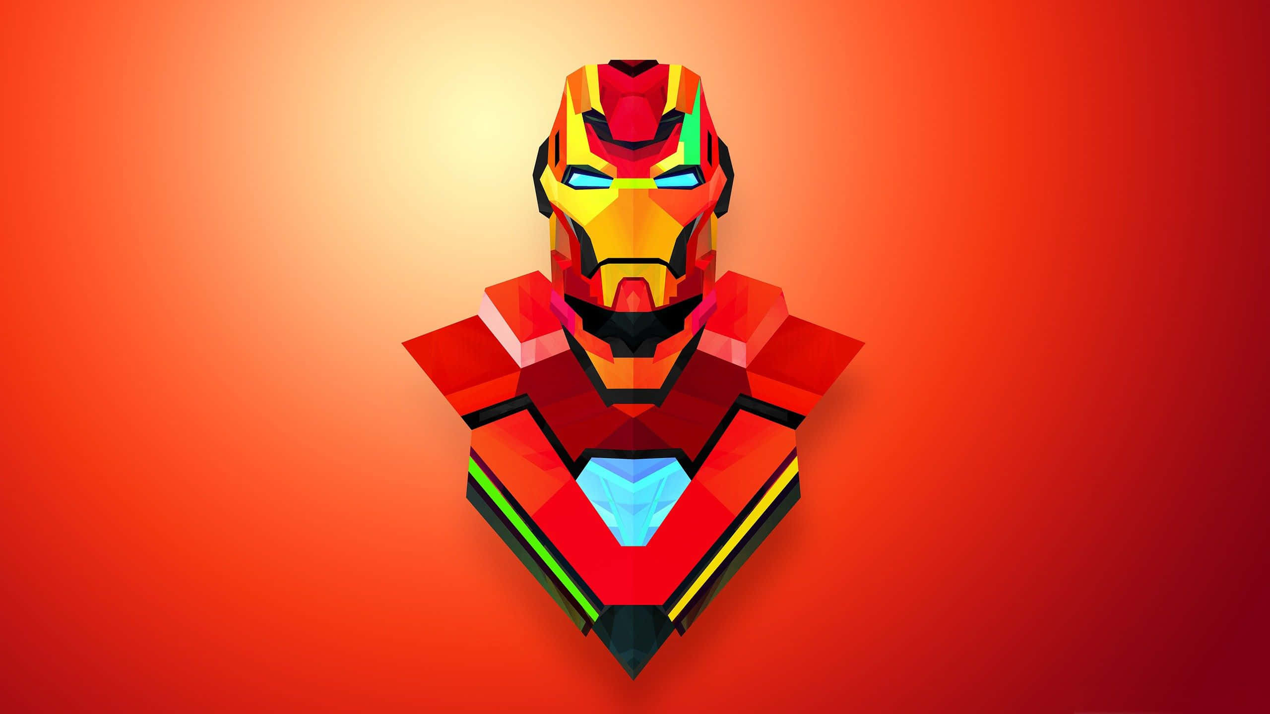 Cartoon Heroes 桌布 壁紙 — 一個風格化的低多邊形鐵甲奇俠半身像，帶有發光的藍色眼睛和弧形反應器，背景為漸變橙紅色。