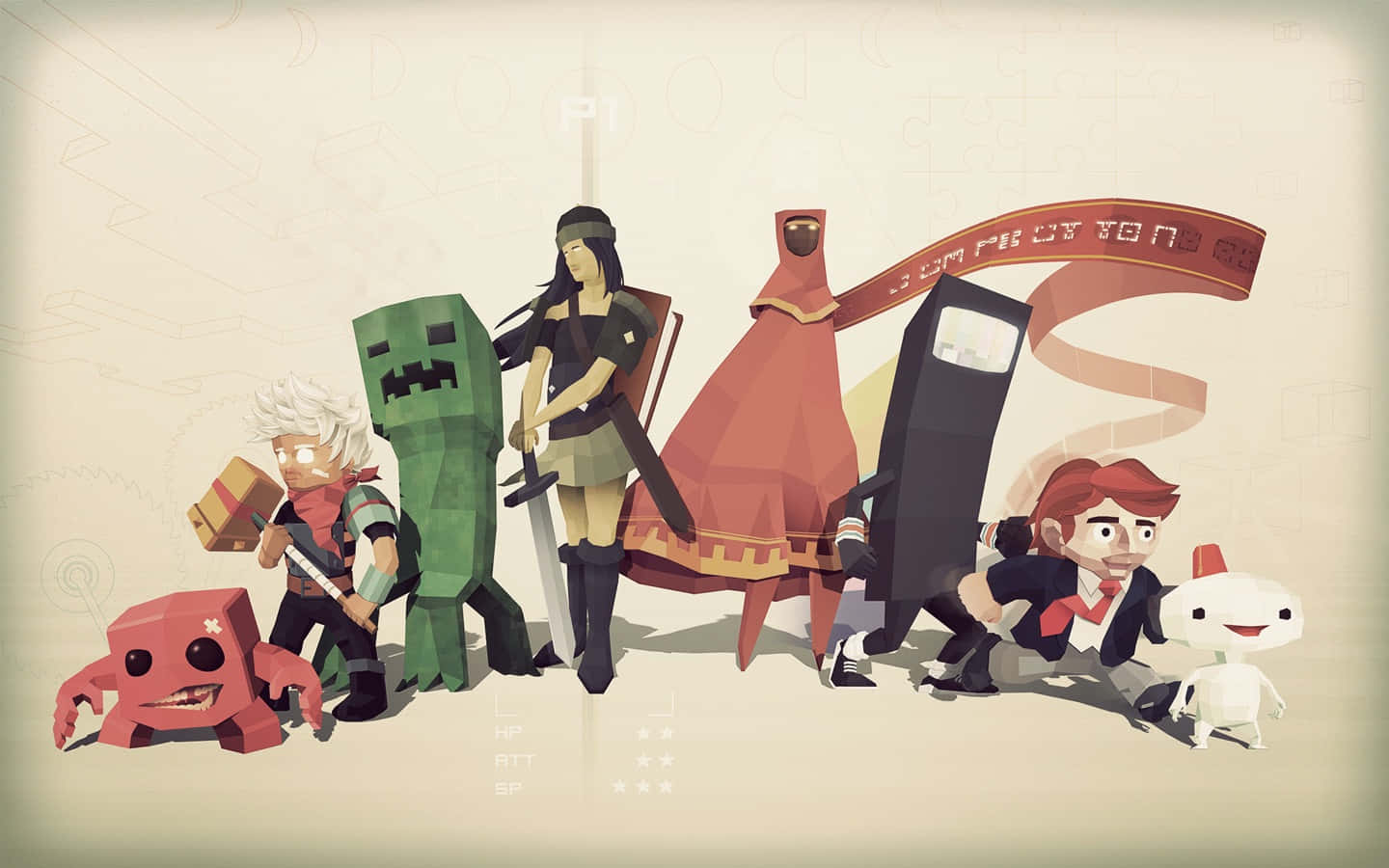 Indie Games 桌布 壁紙 — 一個風格化的低多邊形電子遊戲角色群組，包括一個苦力怕、一個騎士和一個機器人站在一起。