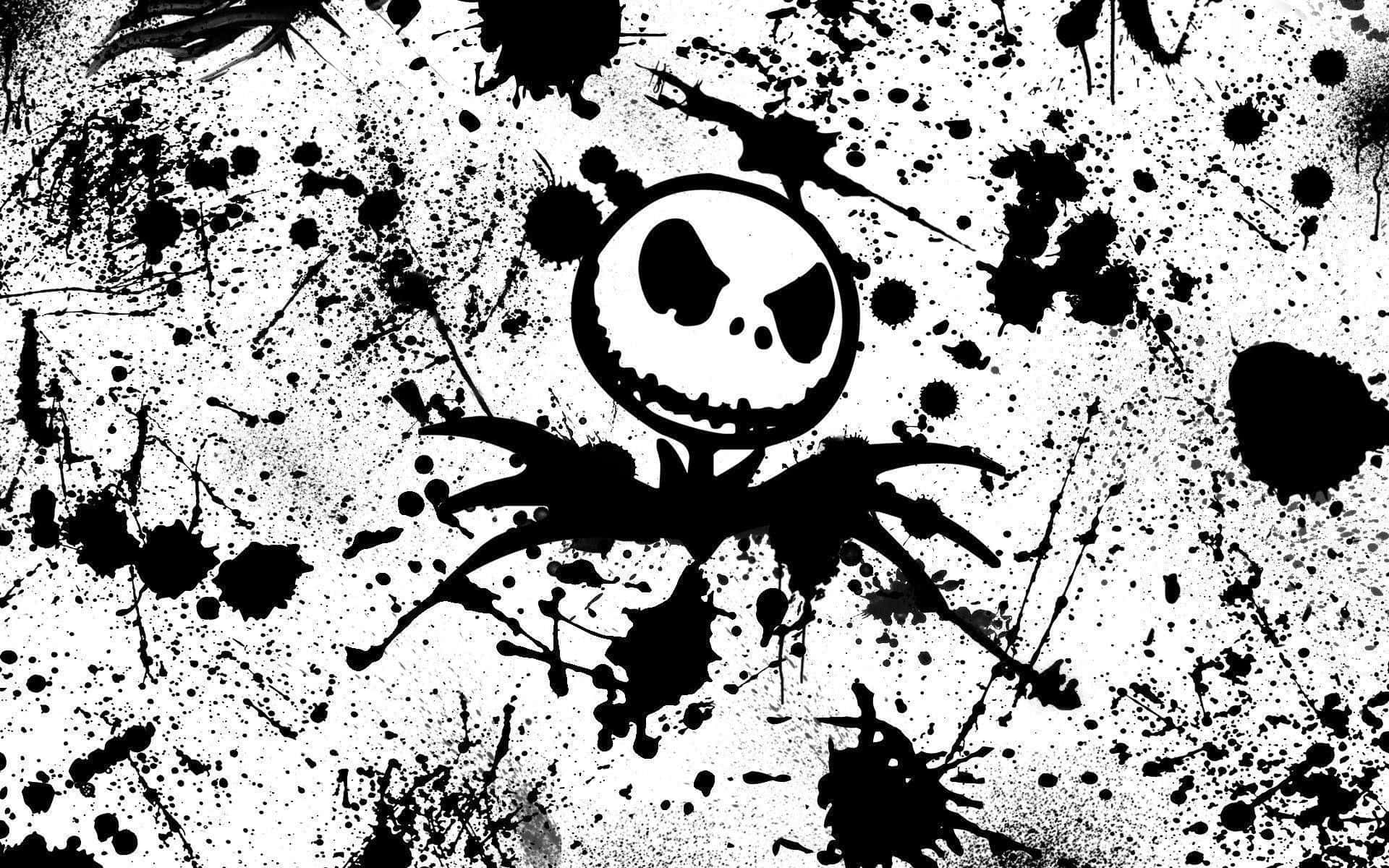 Halloween Skeleton 桌布 壁紙 — 一個風格化的傑克·史克林頓形象從純白背景上混亂的黑色墨水飛濺中浮現。