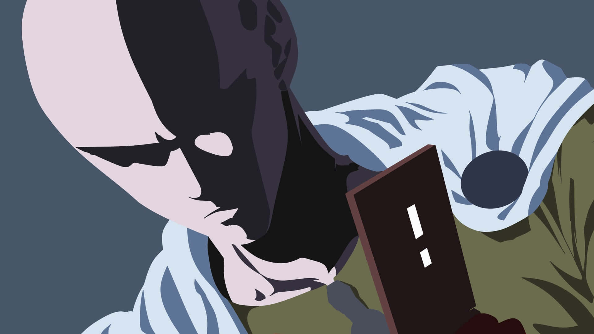 One Punch Man Minimalist 桌布 壁紙 — 一個風格化的光頭人物穿著白色長袍，俯身於一個深色平板電腦上，顯示一個感嘆號，背景為柔和的灰色。