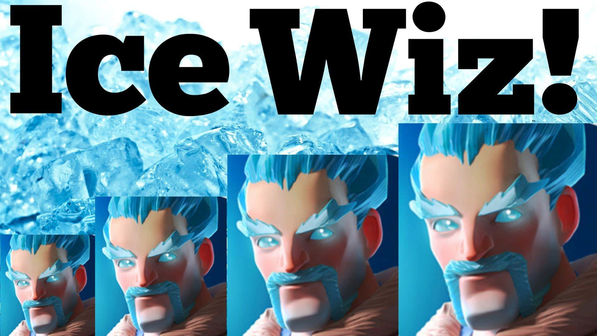 Clash Royale 桌布 壁紙 — 一個風格化的冰法師，擁有發光的藍色眼睛和冰凍的頭髮，從冰凍的背景中出現，帶有粗體文字。