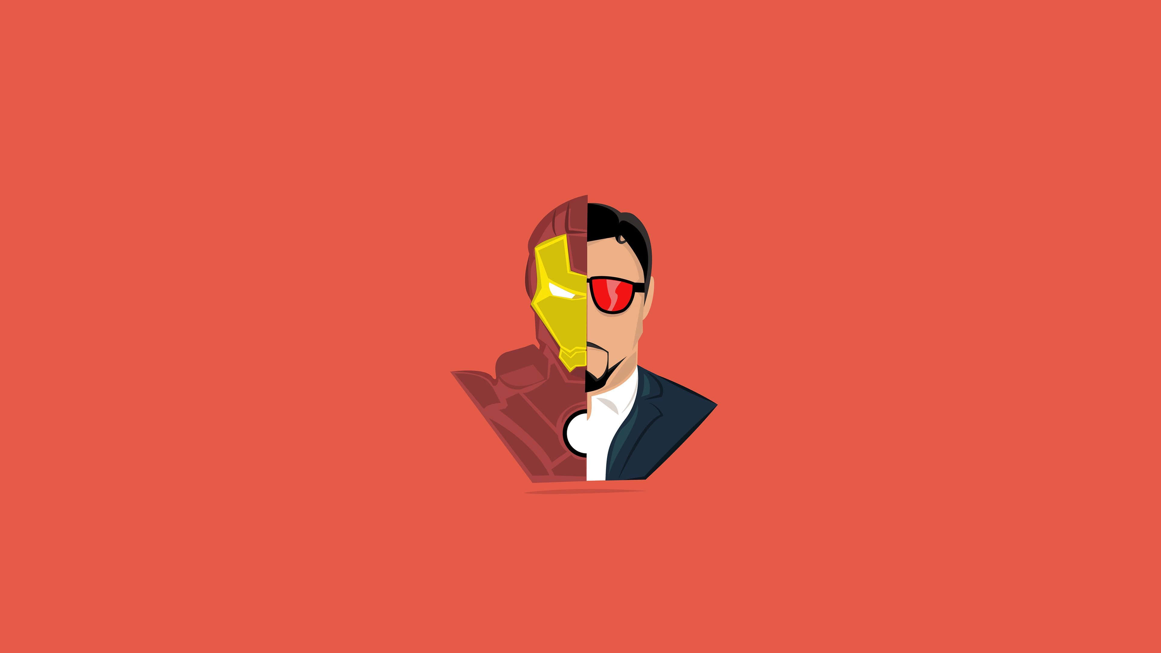 Iron Man Art 桌布 壁紙 — 一個風格化的分裂面孔插圖，描繪一個半人半鐵甲奇俠頭盔的男人，背景為純珊瑚色。