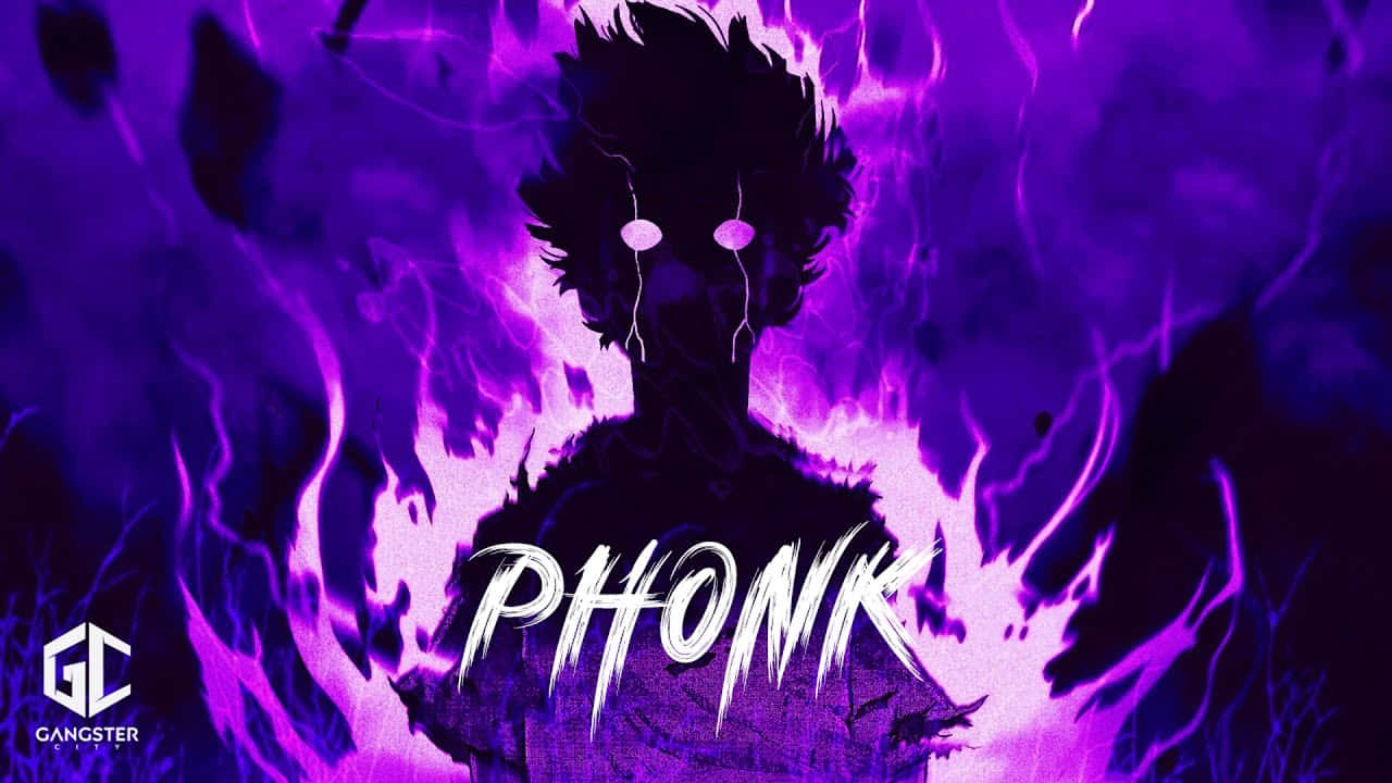 Phonk 桌布 壁紙 — 一個風格化的動漫剪影，描繪一個頭髮尖刺、眼睛發光的角色，被鮮豔的紫色火焰和「PHONK」字樣包圍。