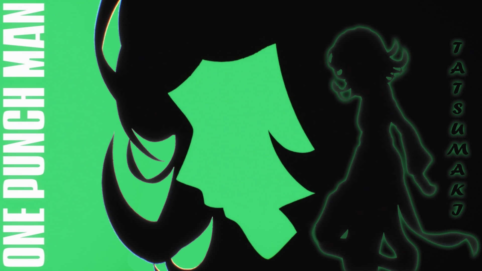 Tatsumaki 桌布 壁紙 — 一個風格化的動漫剪影，達也擁有發光的綠色頭髮，背景是充滿活力的綠色。