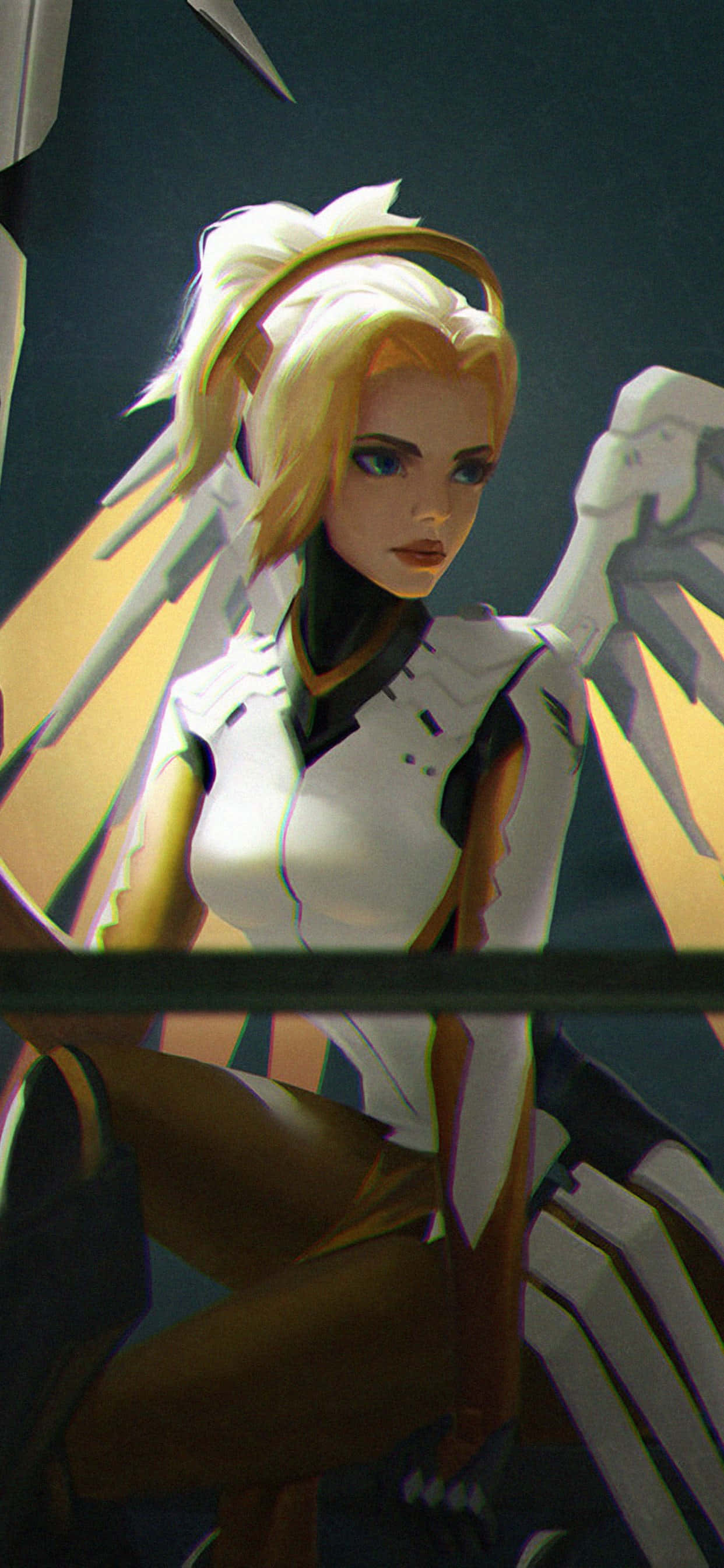 Overwatch Mercy 桌布 壁紙 — 一個風格化的動漫天使，擁有白色翅膀和金色頭髮，坐在一個戲劇性的黑暗場景中。