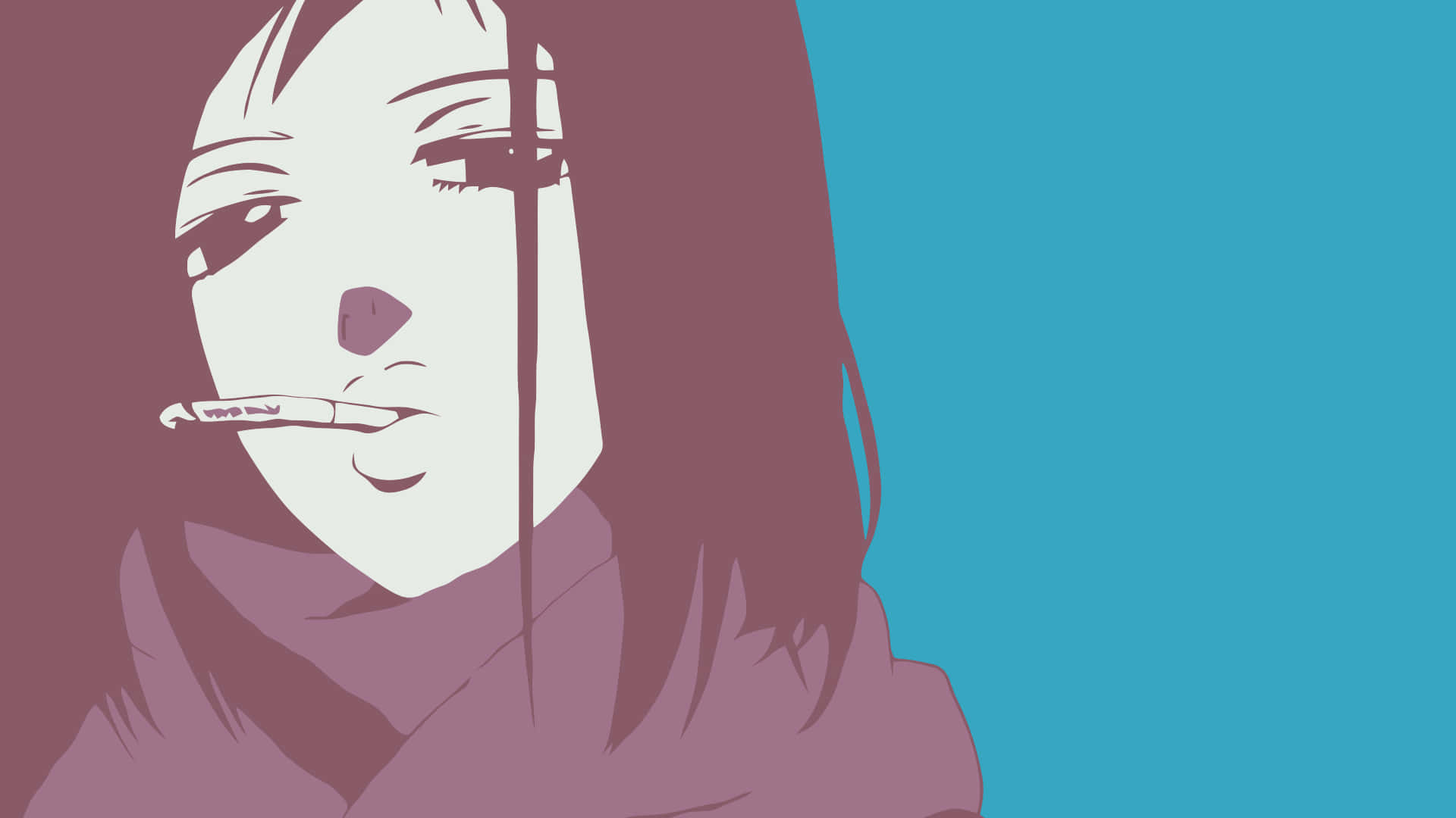 Mamimi Samejima 桌布 壁紙 — 一個風格化的動漫女孩，嘴裡叼著香煙，背景是紫色和青綠色的分割背景。