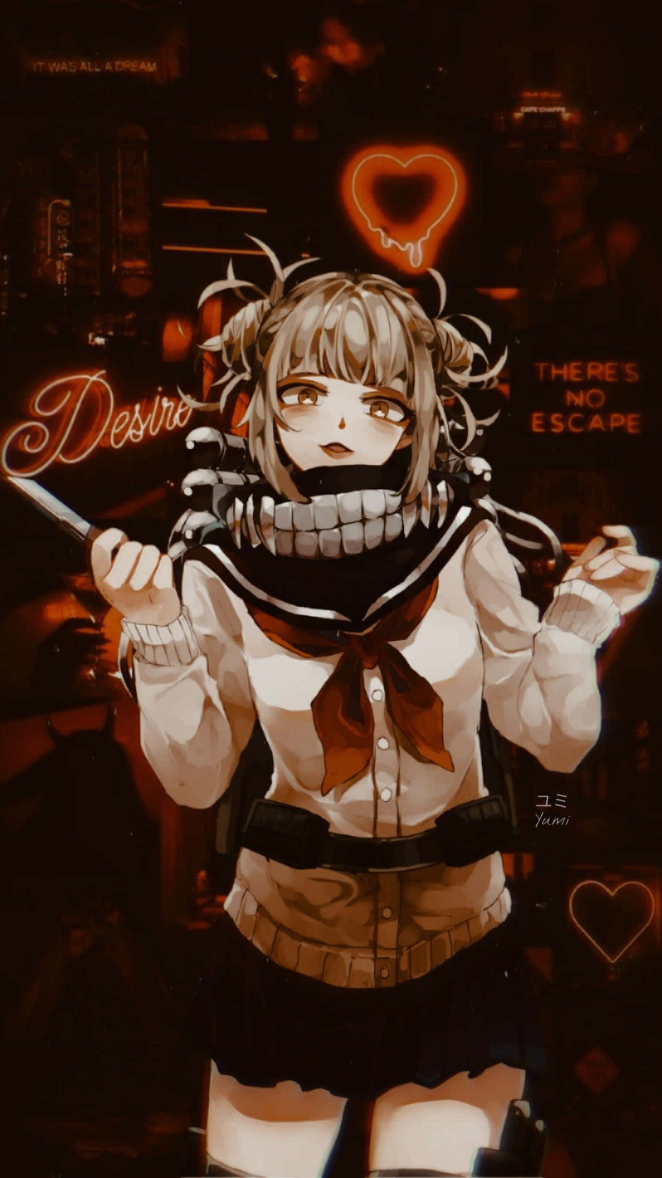 Toga 桌布 壁紙 — 一個風格化的動漫女孩，帶著骷髏般的笑容和發光的愛心霓虹燈牌，在黑暗的城市環境中。