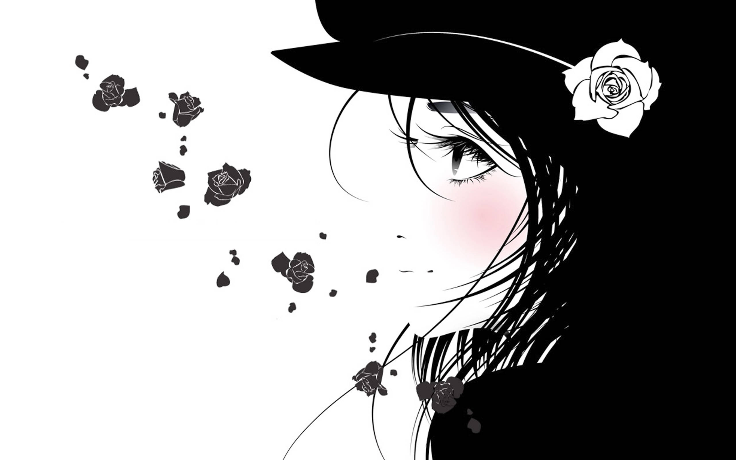 E Girl Aesthetic 桌布 壁紙 — 一個風格化的動漫女孩，戴著黑色帽子，側邊有一朵白玫瑰，周圍漂浮著黑玫瑰，背景是純白色。