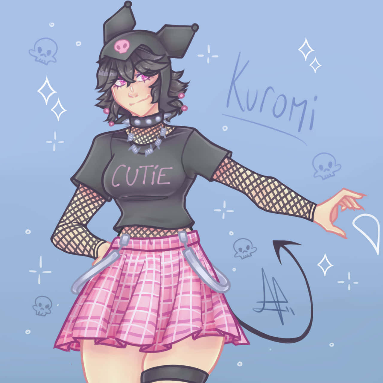 Kuromi Fanart 桌布 壁紙 — 一個風格化的動漫女孩，戴著黑色貓耳和粉紅色格紋裙，在淺藍色背景上自信地擺姿勢，背景有骷髏和閃光圖案。