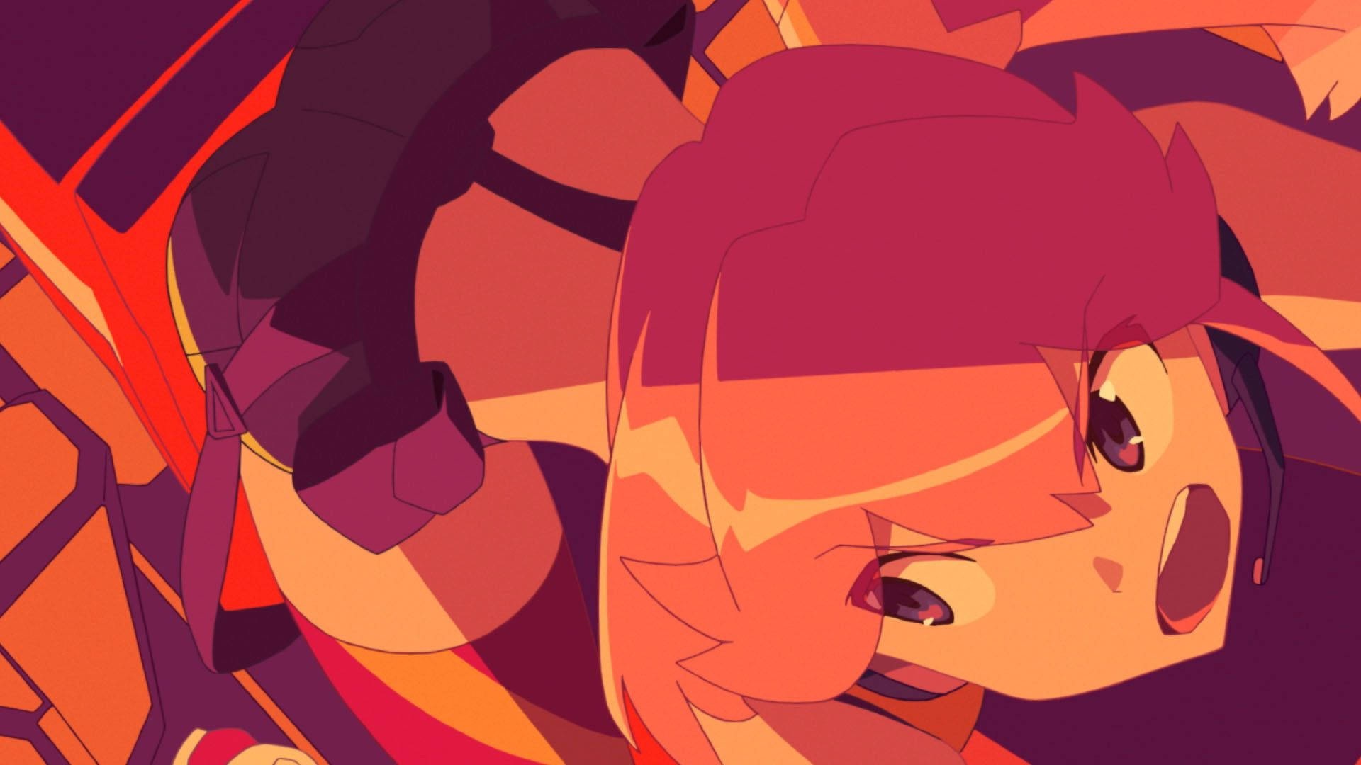 Sexy Aina Ardebit Promare 壁紙 — 一個風格化的動漫女孩，擁有火熱的橙色頭髮和大眼睛，在充滿活力的紅色和紫色抽象背景上向上看。
